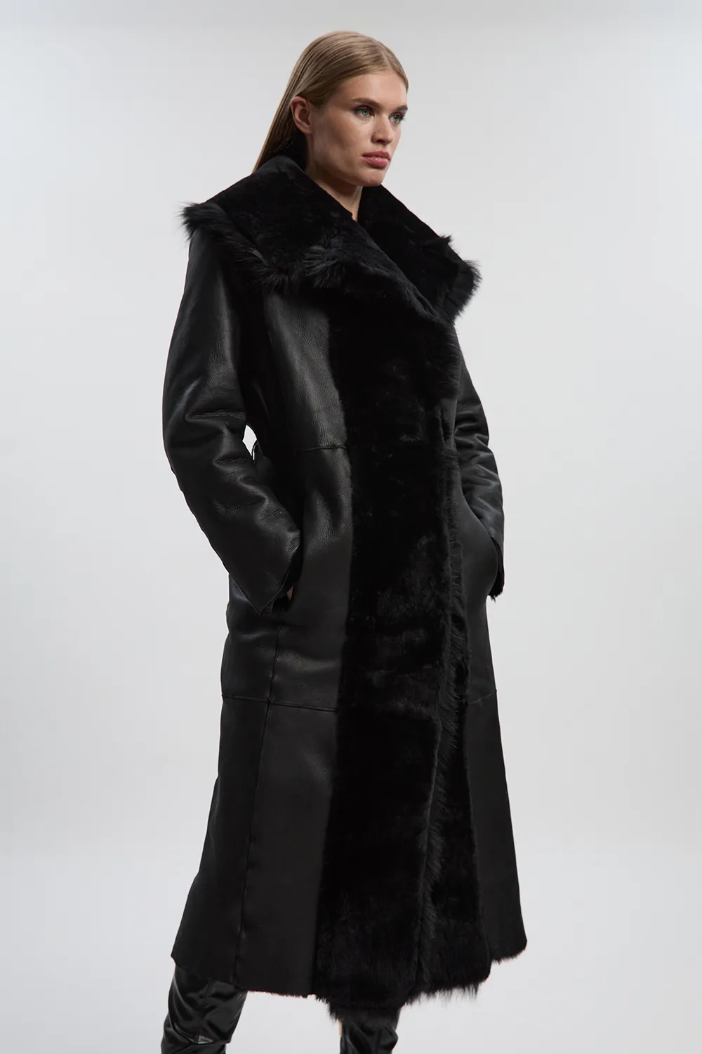 Reversible Shearling & Leather Belted Maxi Coat BKK27236
