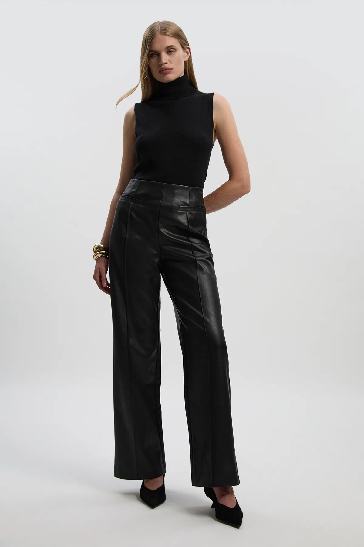 Faux Leather Seam Detail Wide Leg Dress Pants BKK27278