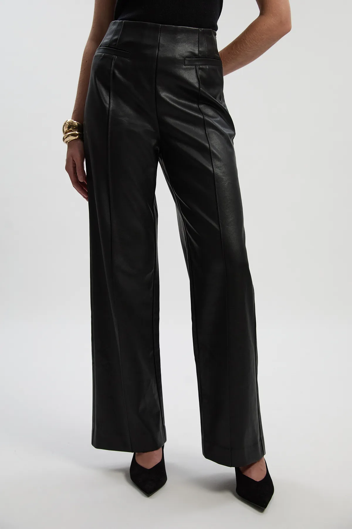 Faux Leather Seam Detail Wide Leg Dress Pants BKK27278