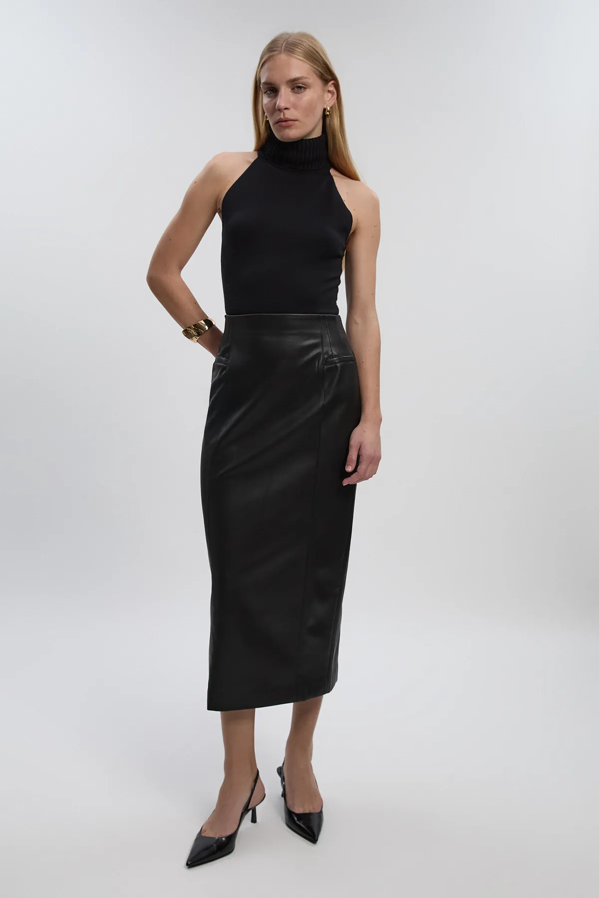 Faux Leather Seam Waist Detail Pencil Midi Skirt BKK27279