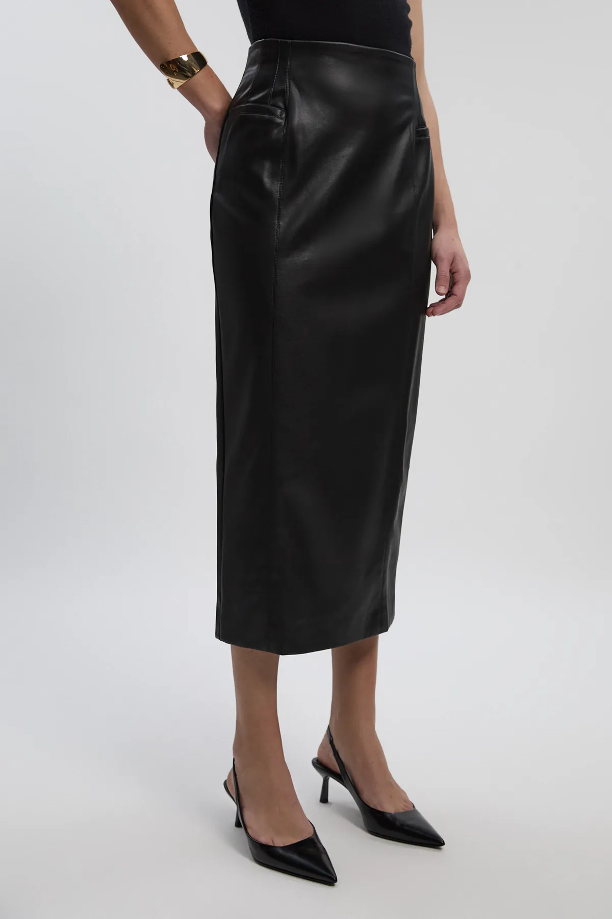 Faux Leather Seam Waist Detail Pencil Midi Skirt BKK27279