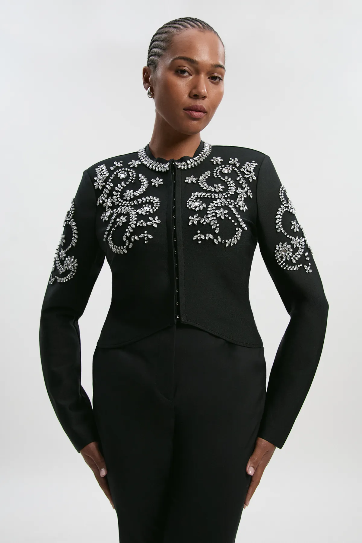 Plus Size Figure Form Bandage Embellished Knit Jacket BKK27285