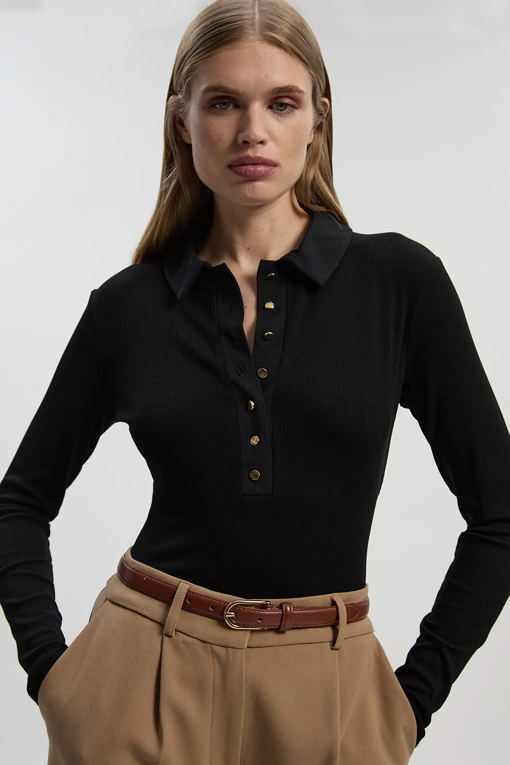 Viscose Rib Jersey Long Sleeve Collared Button Top BKK27312