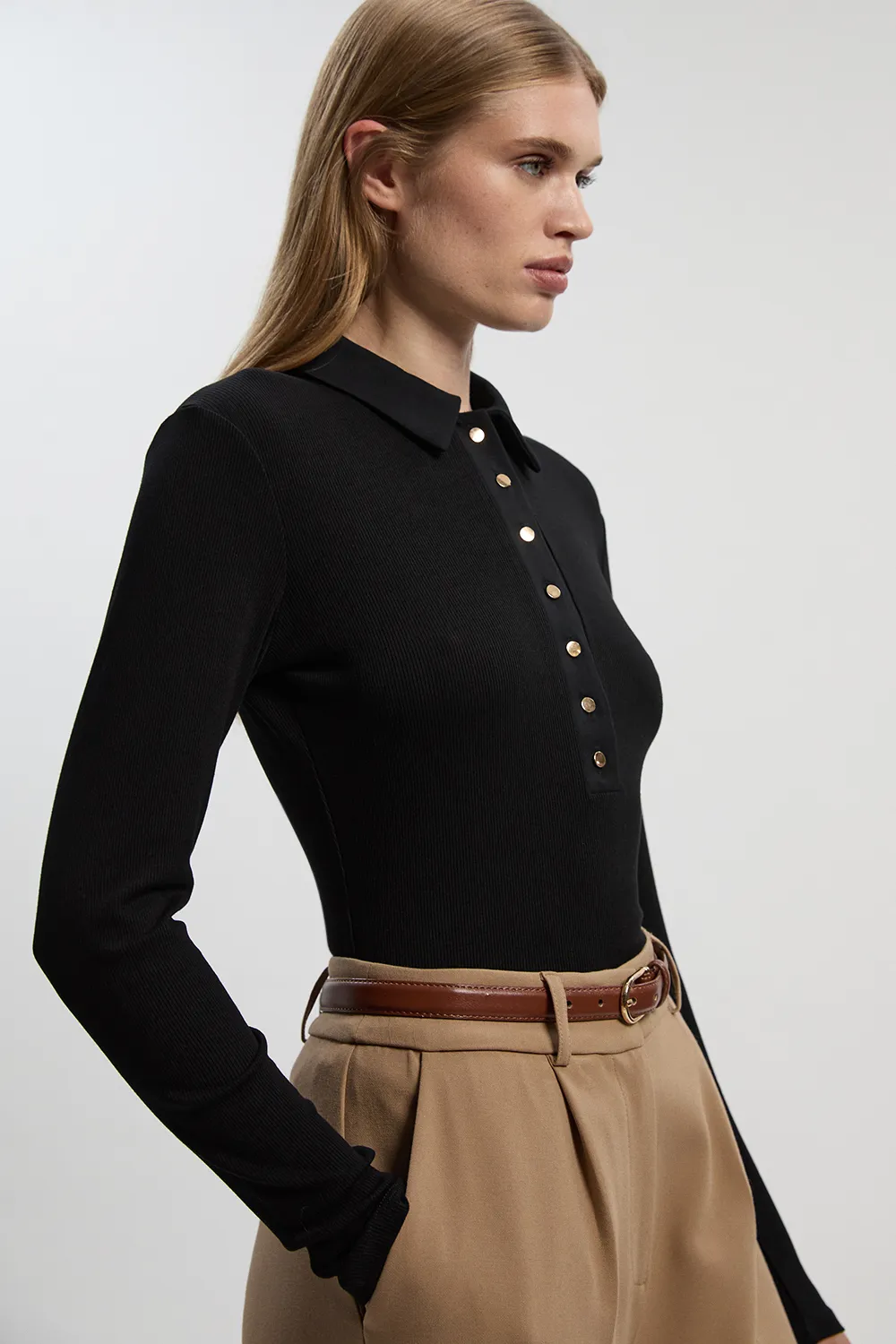 Viscose Rib Jersey Long Sleeve Collared Button Top BKK27312