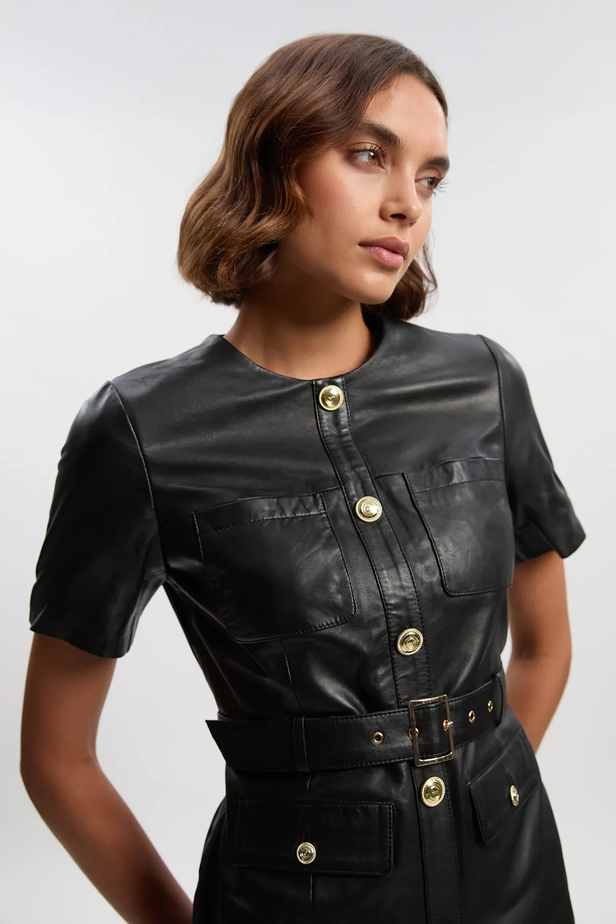 Leather Pocket Belted Mini Dress BKK27360