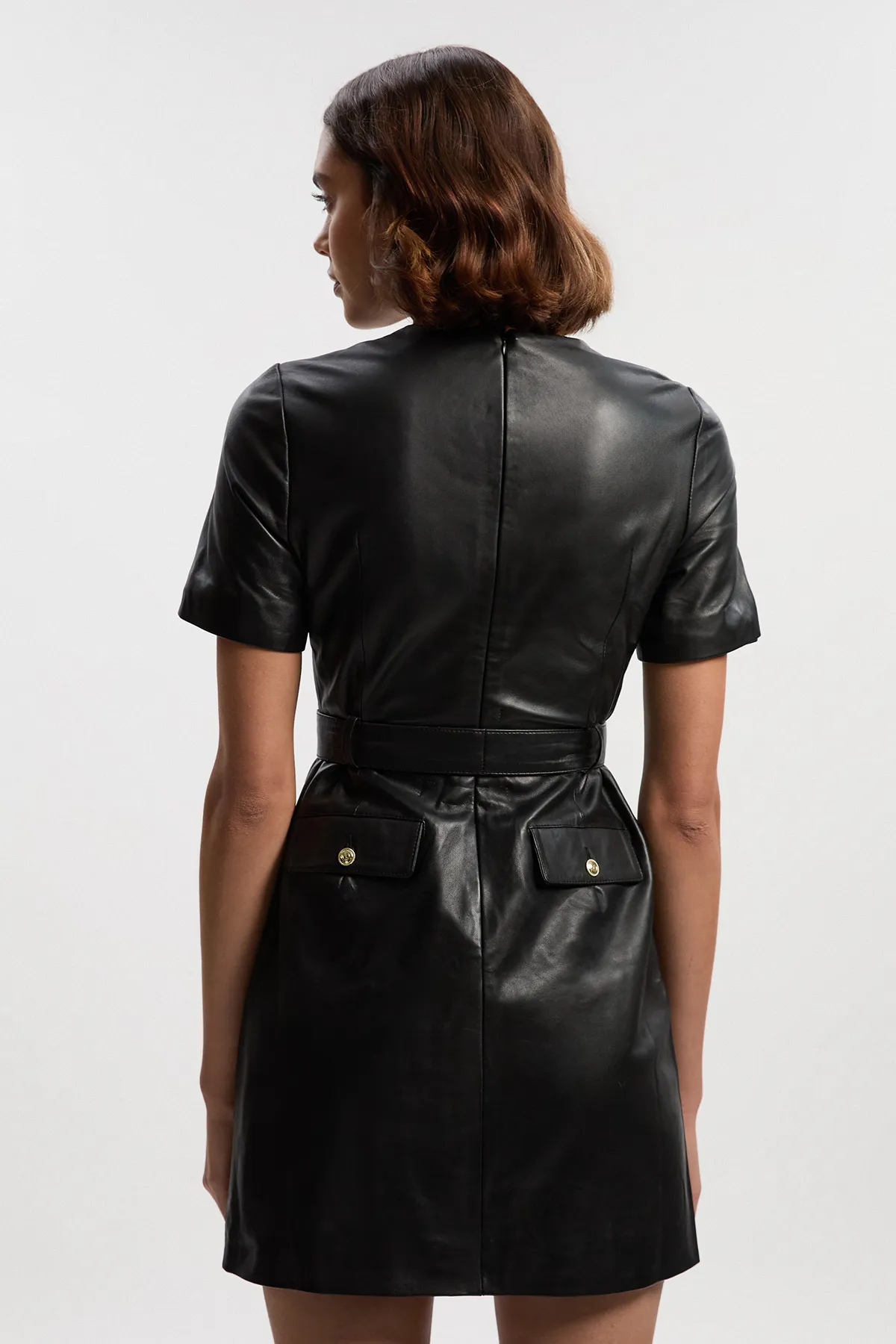 Leather Pocket Belted Mini Dress BKK27360 5 Leather Pocket Belted Mini Dress BKK27360