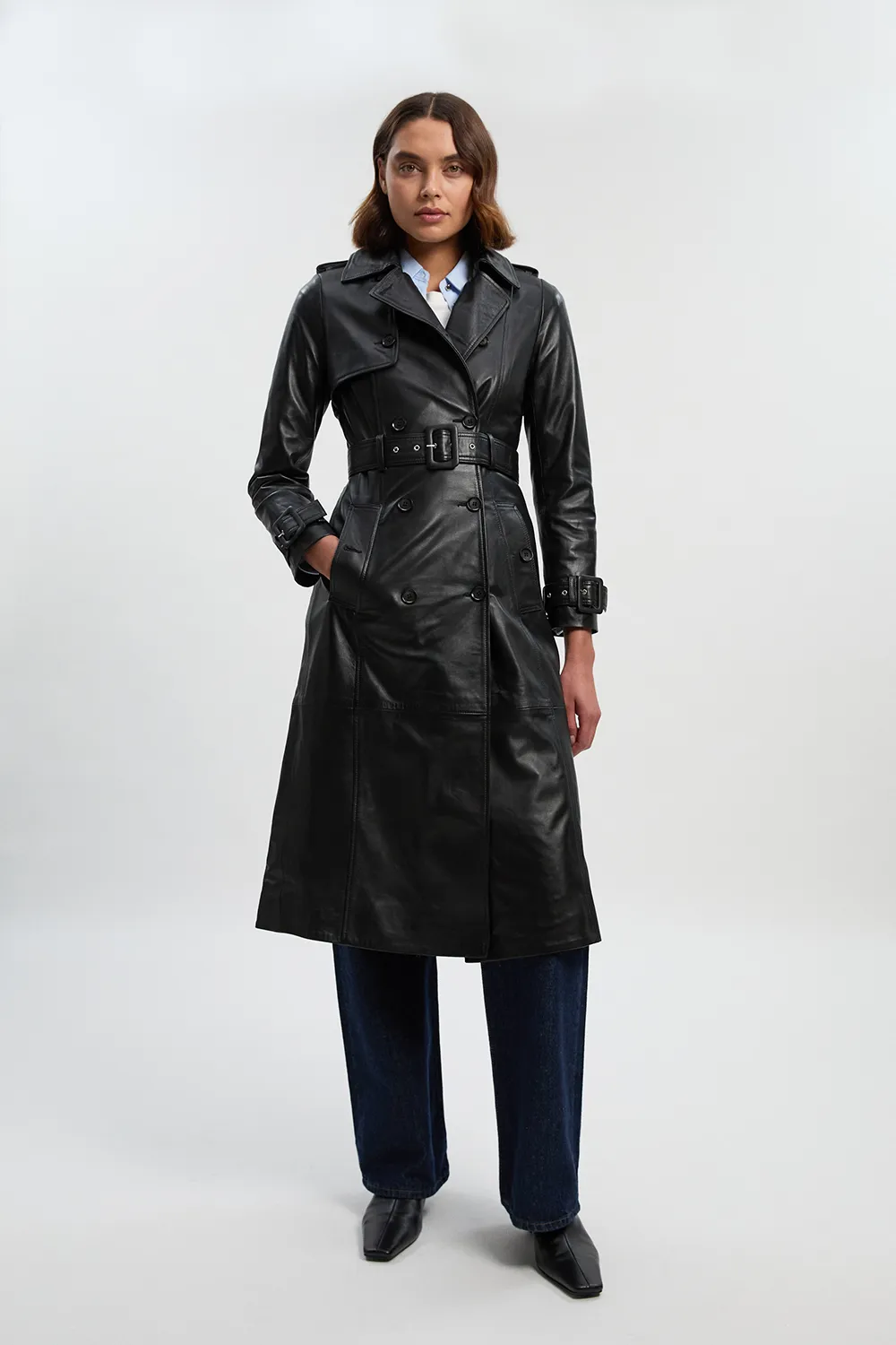 Leather Trench Belted Mac Midi Coat BKK27501