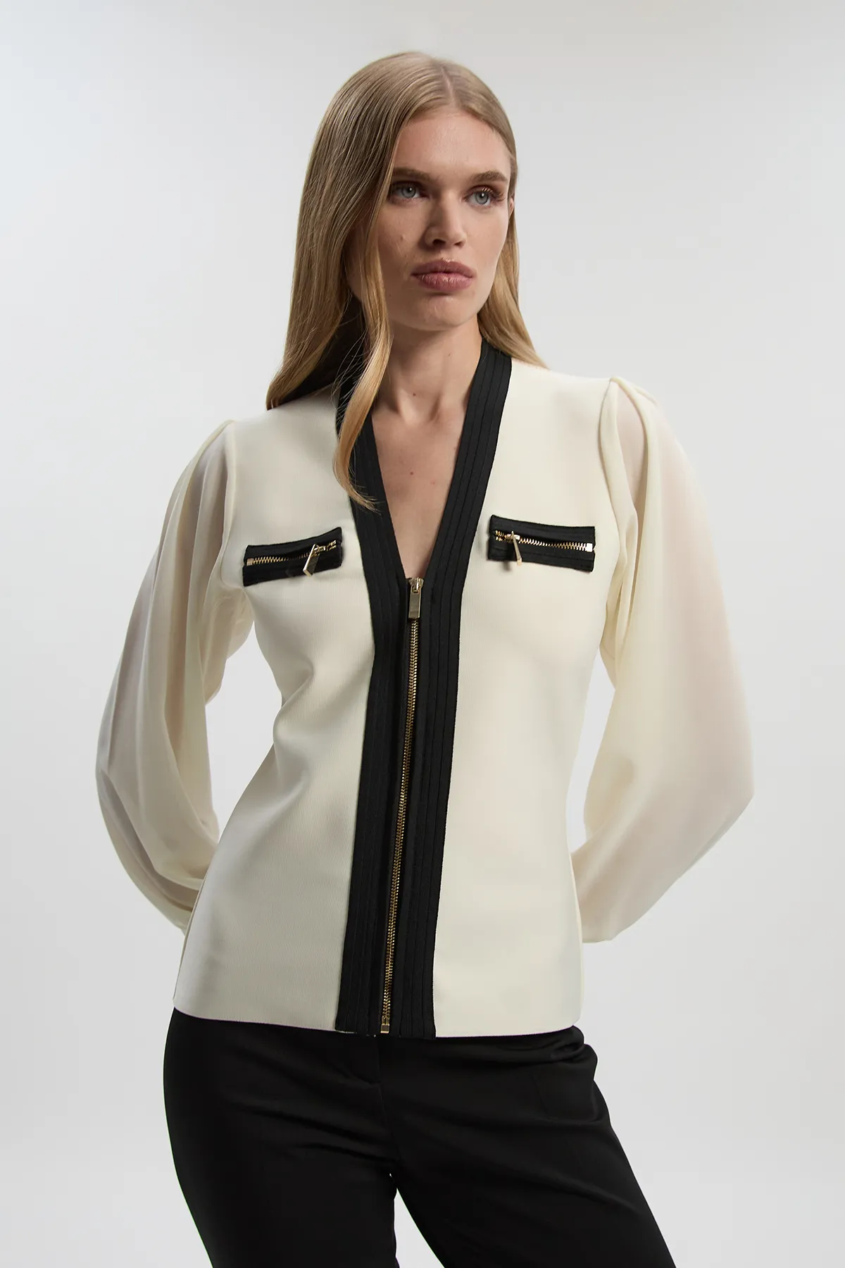 Chiffon Sleeve Zip Through Bandage Knit Top BKK27551