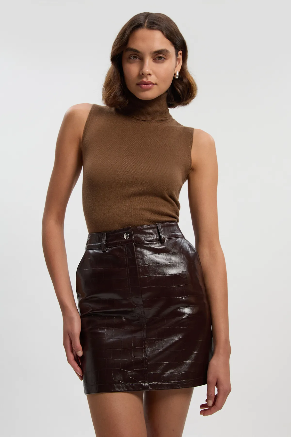 High Shine Croc Embossed Leather Mini Skirt BKK27598