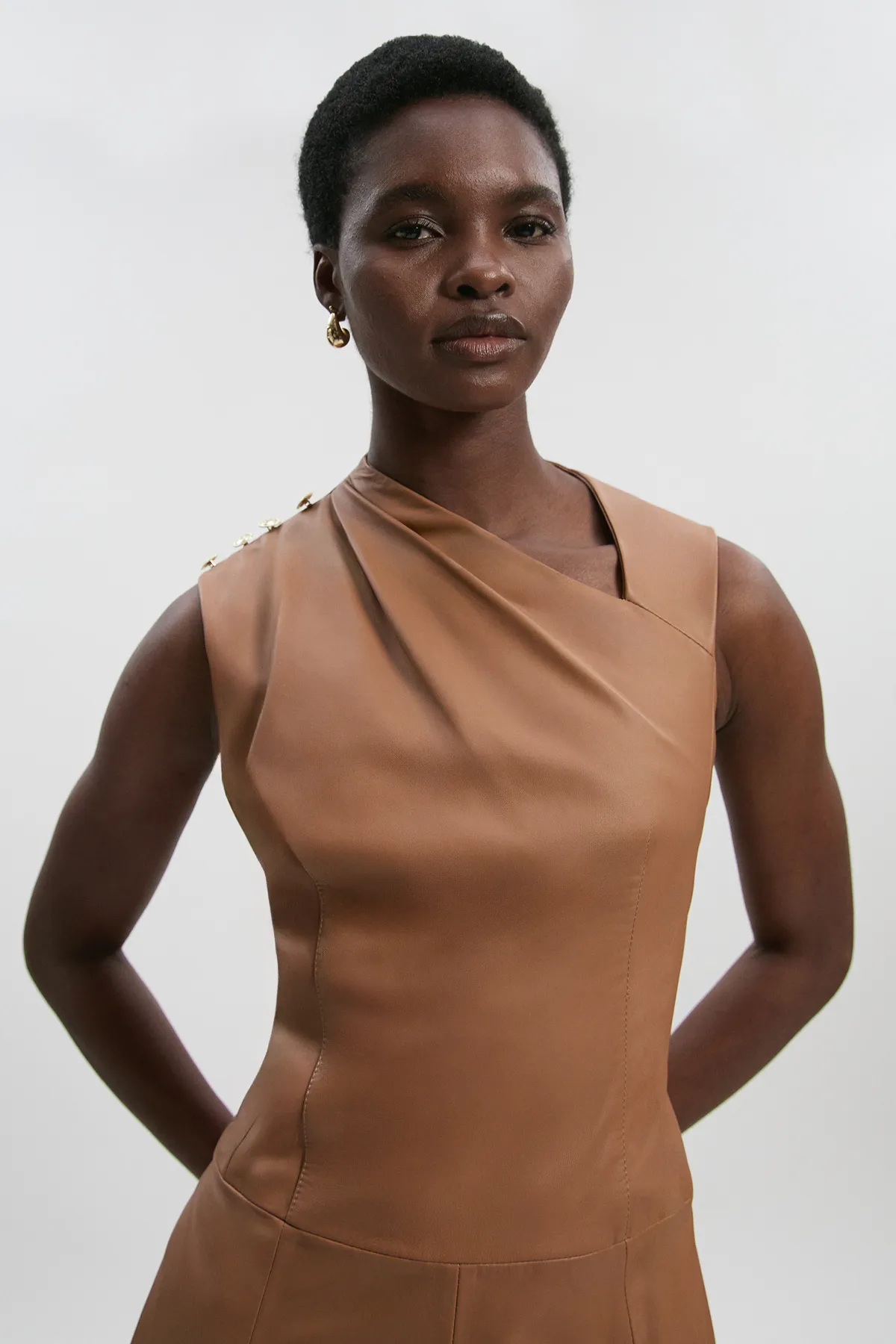 Leather Asymmetric Neck Full Skirt Midi Dress BKK27599