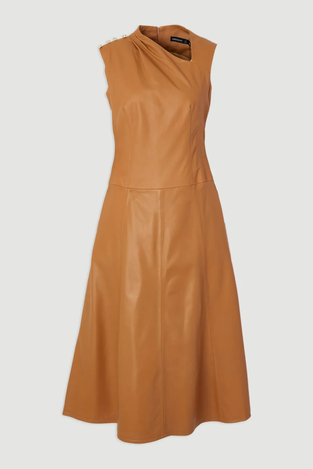 Leather Asymmetric Neck Full Skirt Midi Dress BKK27599 4 Leather Asymmetric Neck Full Skirt Midi Dress BKK27599