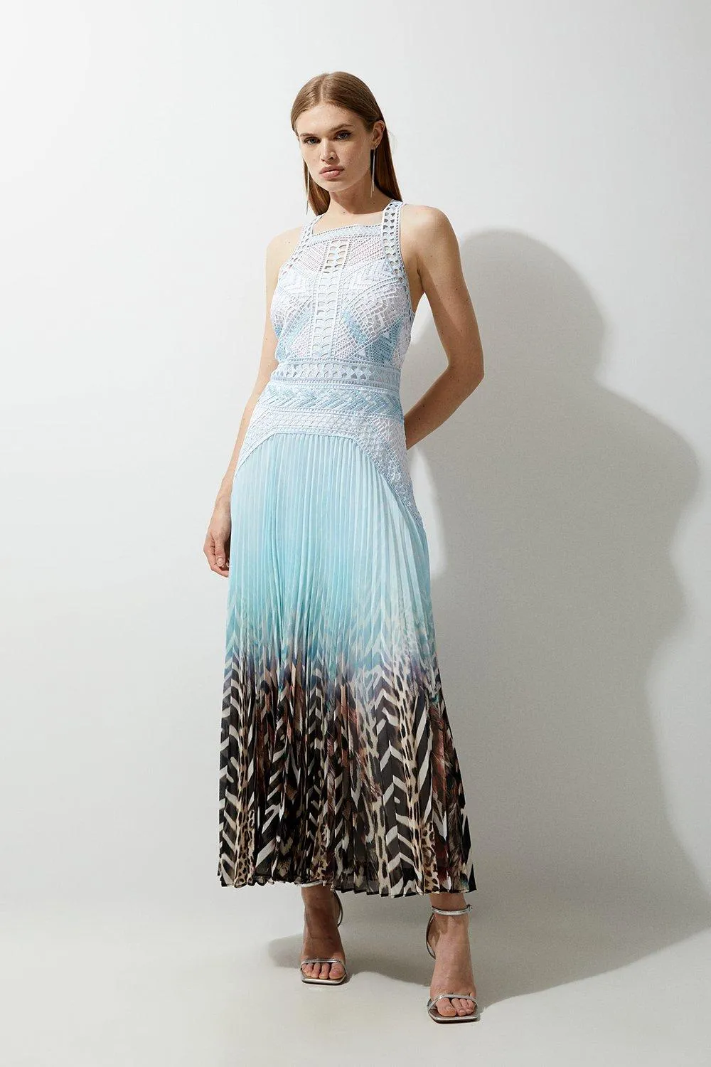 Guipure Lace Printed Pleated Racer Woven Maxi Dress BKK18332