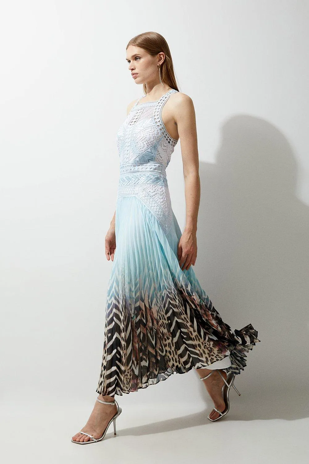 Guipure Lace Printed Pleated Racer Woven Maxi Dress BKK18332 3 Guipure Lace Printed Pleated Racer Woven Maxi Dress BKK18332