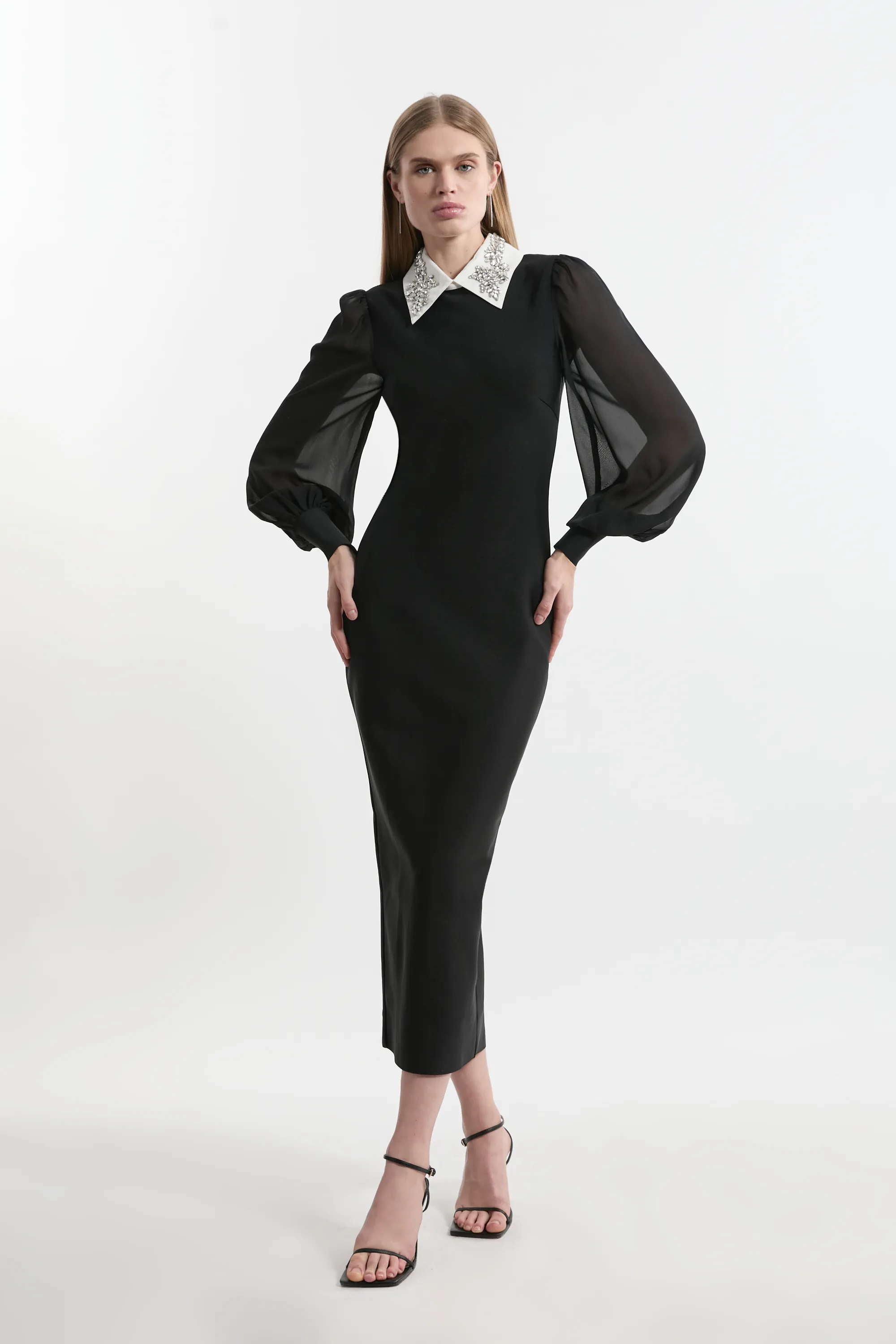 Bandage Collared Knitted Midi Dress With Sheer Sleeve BKK23127