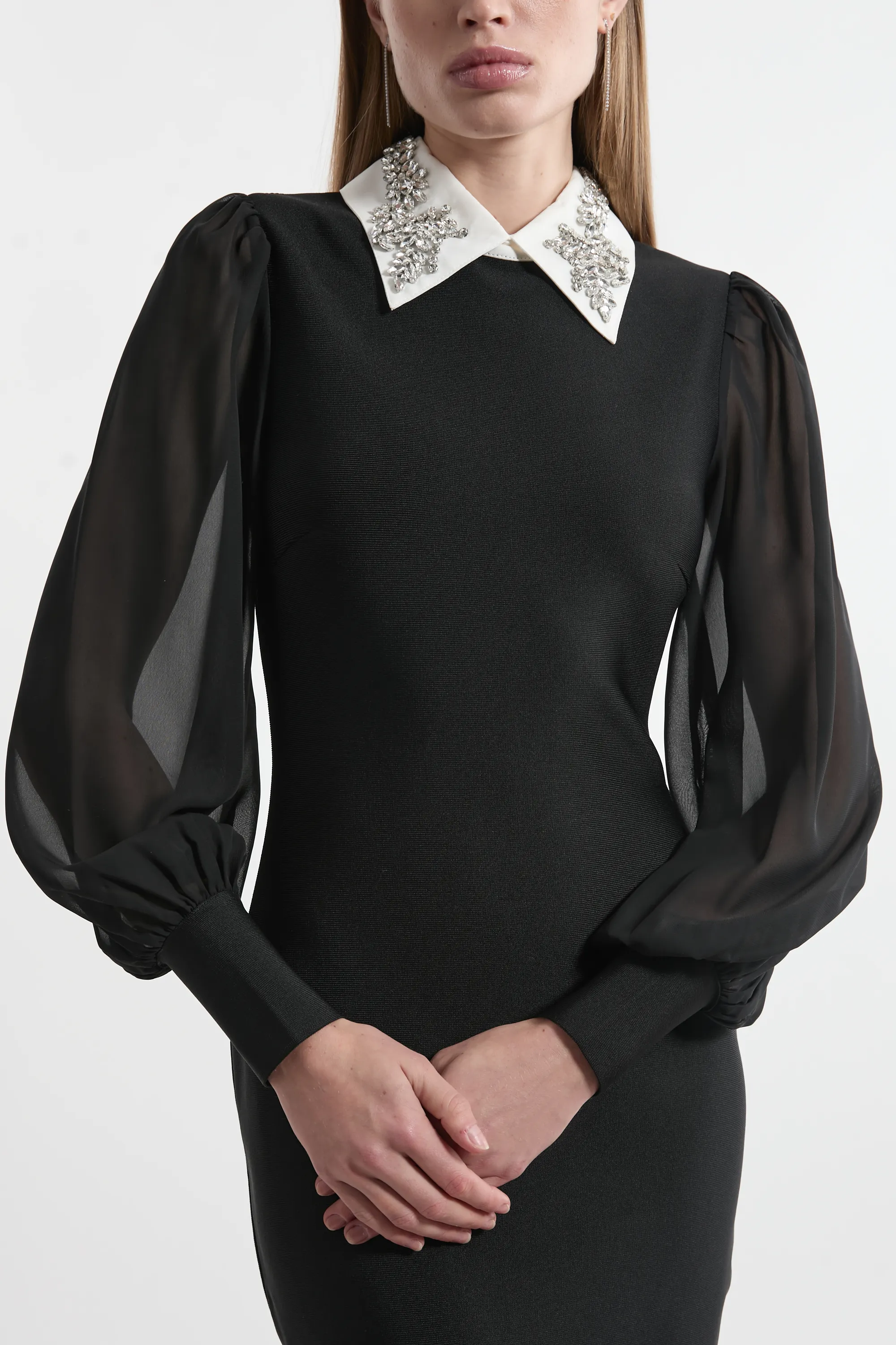 Bandage Collared Knitted Midi Dress With Sheer Sleeve BKK23127 3 Bandage Collared Knitted Midi Dress With Sheer Sleeve BKK23127