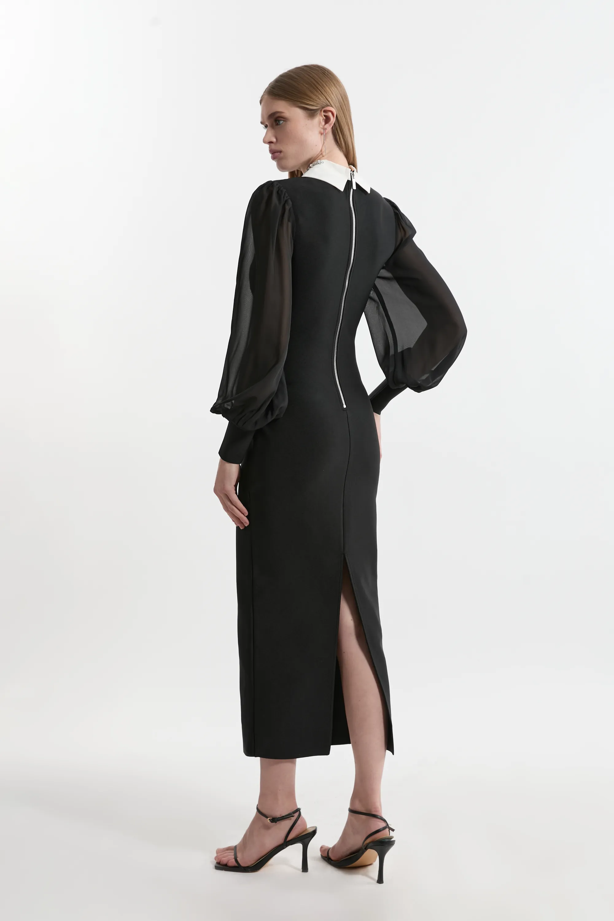 Bandage Collared Knitted Midi Dress With Sheer Sleeve BKK23127 5 Bandage Collared Knitted Midi Dress With Sheer Sleeve BKK23127