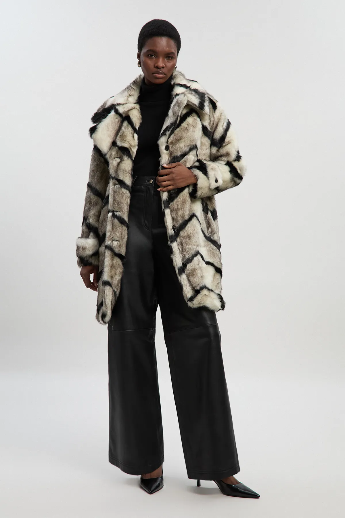 Mono Faux Fur Belted Longline Coat BKK09720