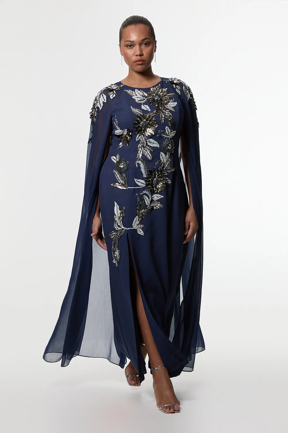 Plus Size Floral 3D Embellished Drama Cape Sleeve Woven Maxi Dress BKK23301