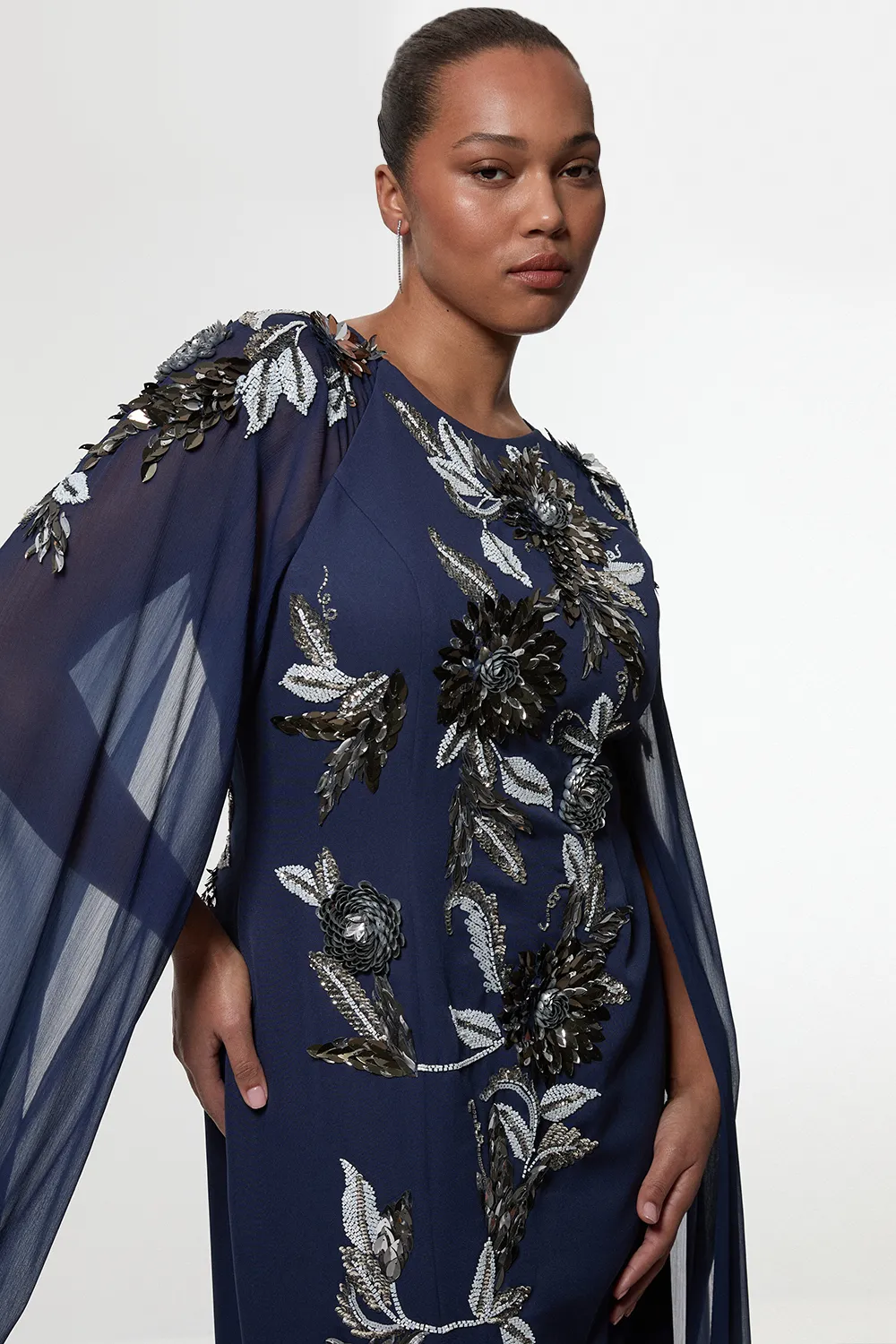 Plus Size Floral 3D Embellished Drama Cape Sleeve Woven Maxi Dress BKK23301