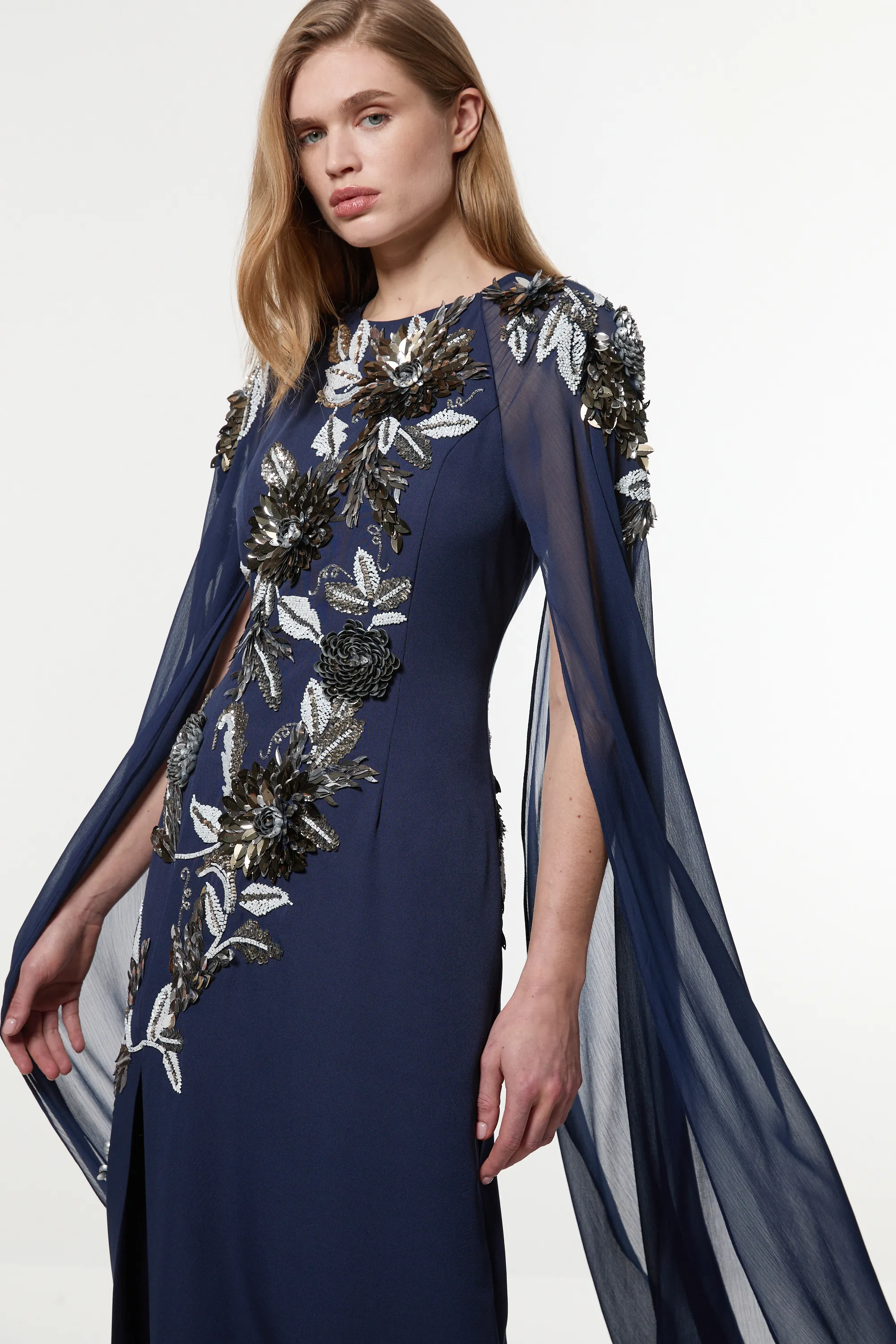 Floral 3D Embellished Drama Cape Sleeve Woven Maxi Dress BKK23304