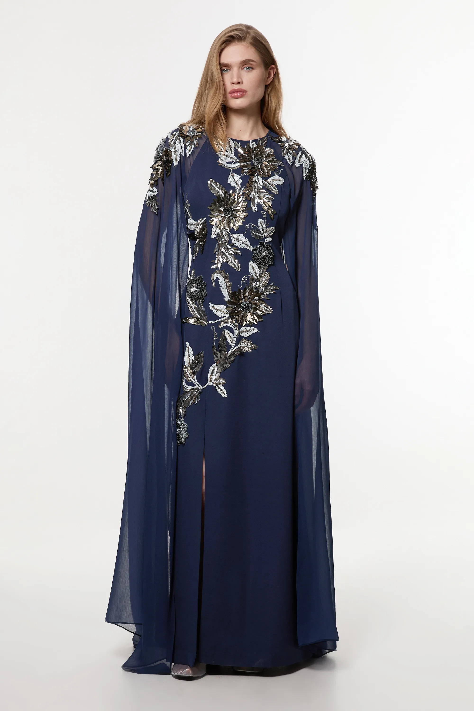 Floral 3D Embellished Drama Cape Sleeve Woven Maxi Dress BKK23304