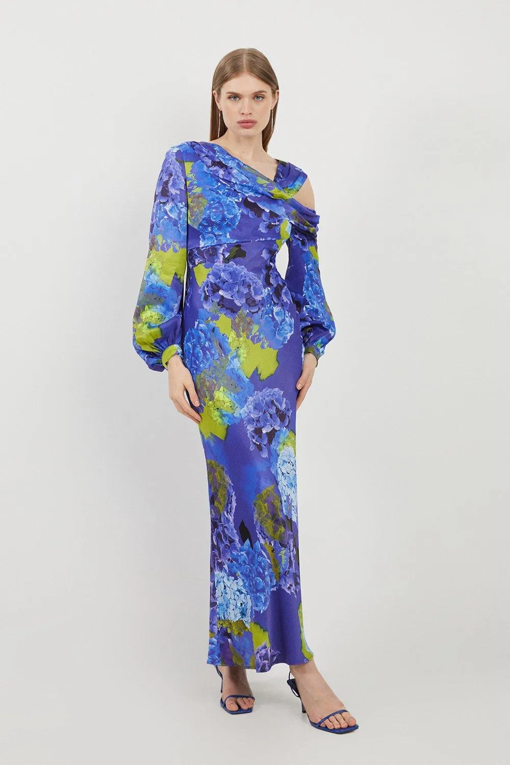 Bright Floral Print Satin Cold Shoulder Draped Midi Dress BKK18656