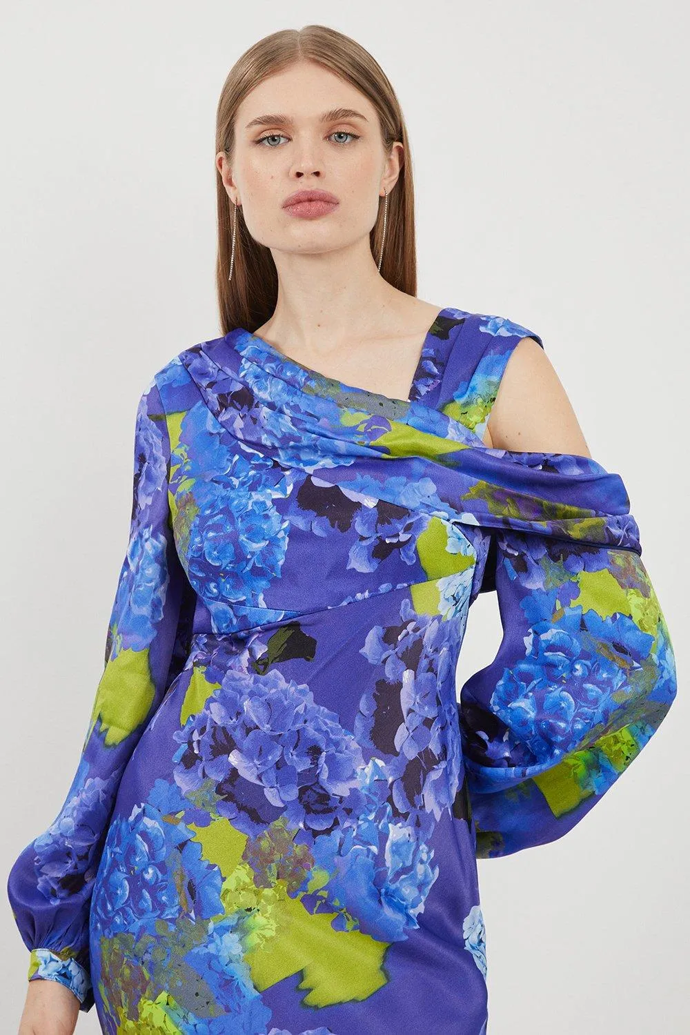 Bright Floral Print Satin Cold Shoulder Draped Midi Dress BKK18656 3 Bright Floral Print Satin Cold Shoulder Draped Midi Dress BKK18656