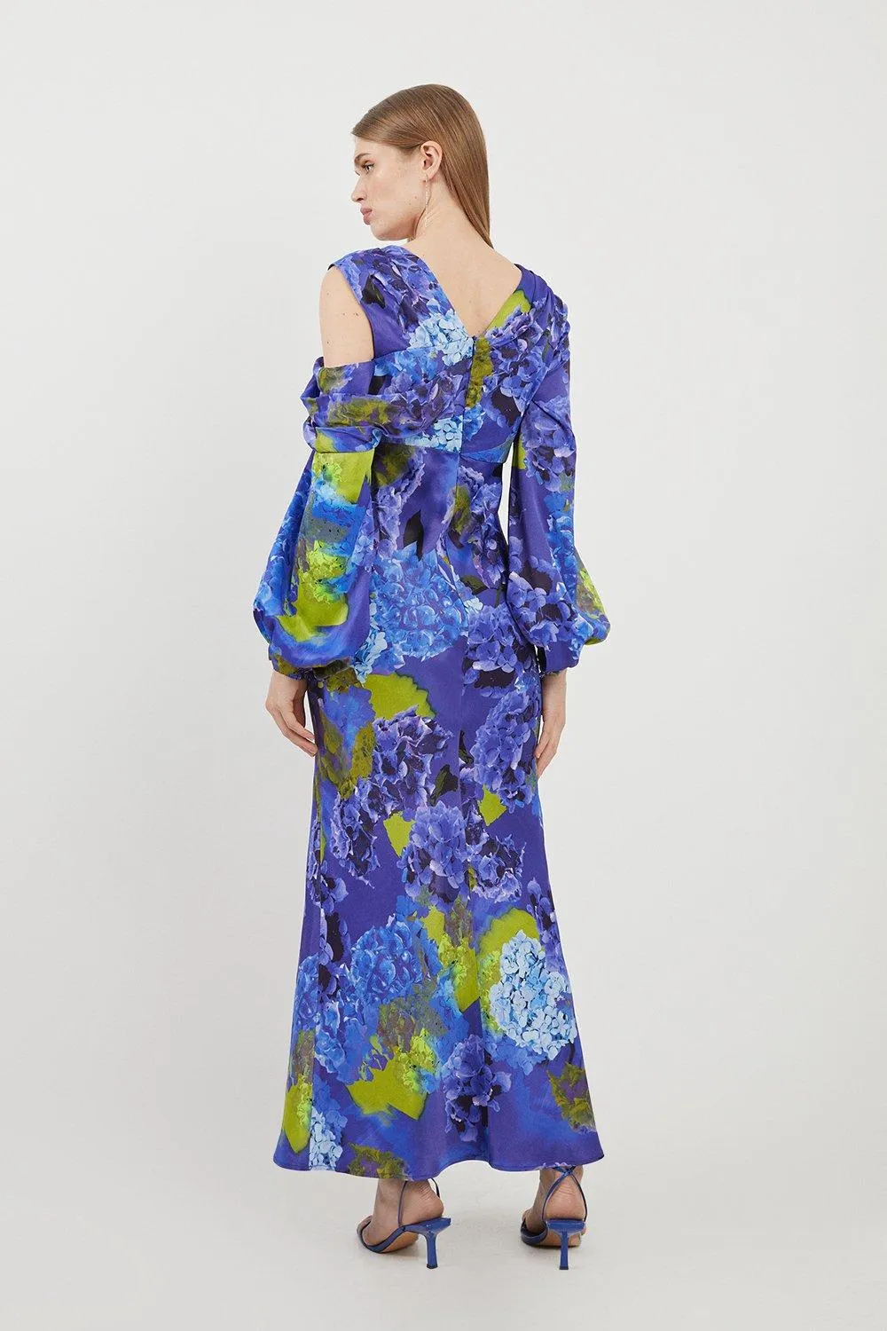 Bright Floral Print Satin Cold Shoulder Draped Midi Dress BKK18656 5 Bright Floral Print Satin Cold Shoulder Draped Midi Dress BKK18656