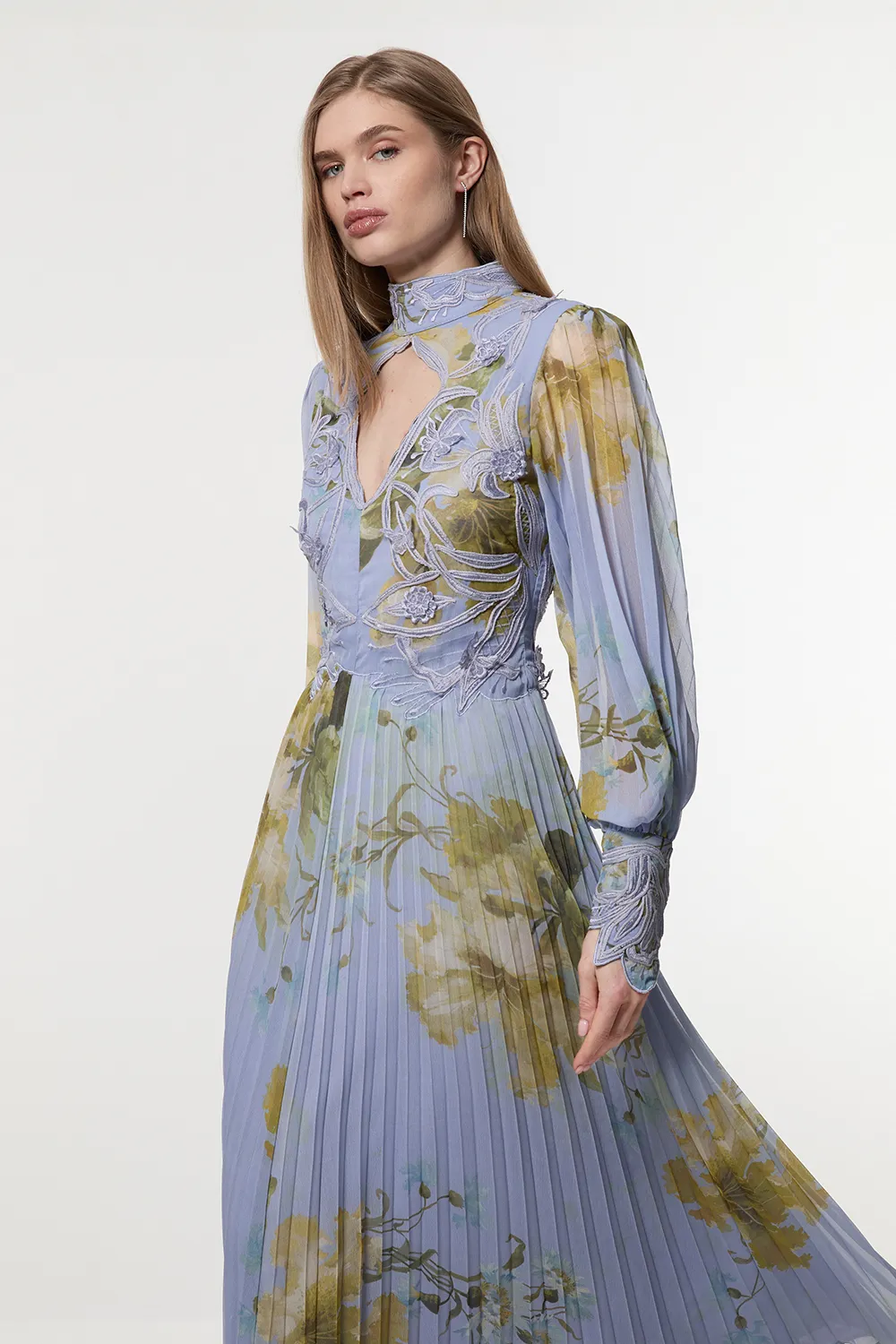 Floral Applique Lace Pleated Woven Maxi Dress BKK23312