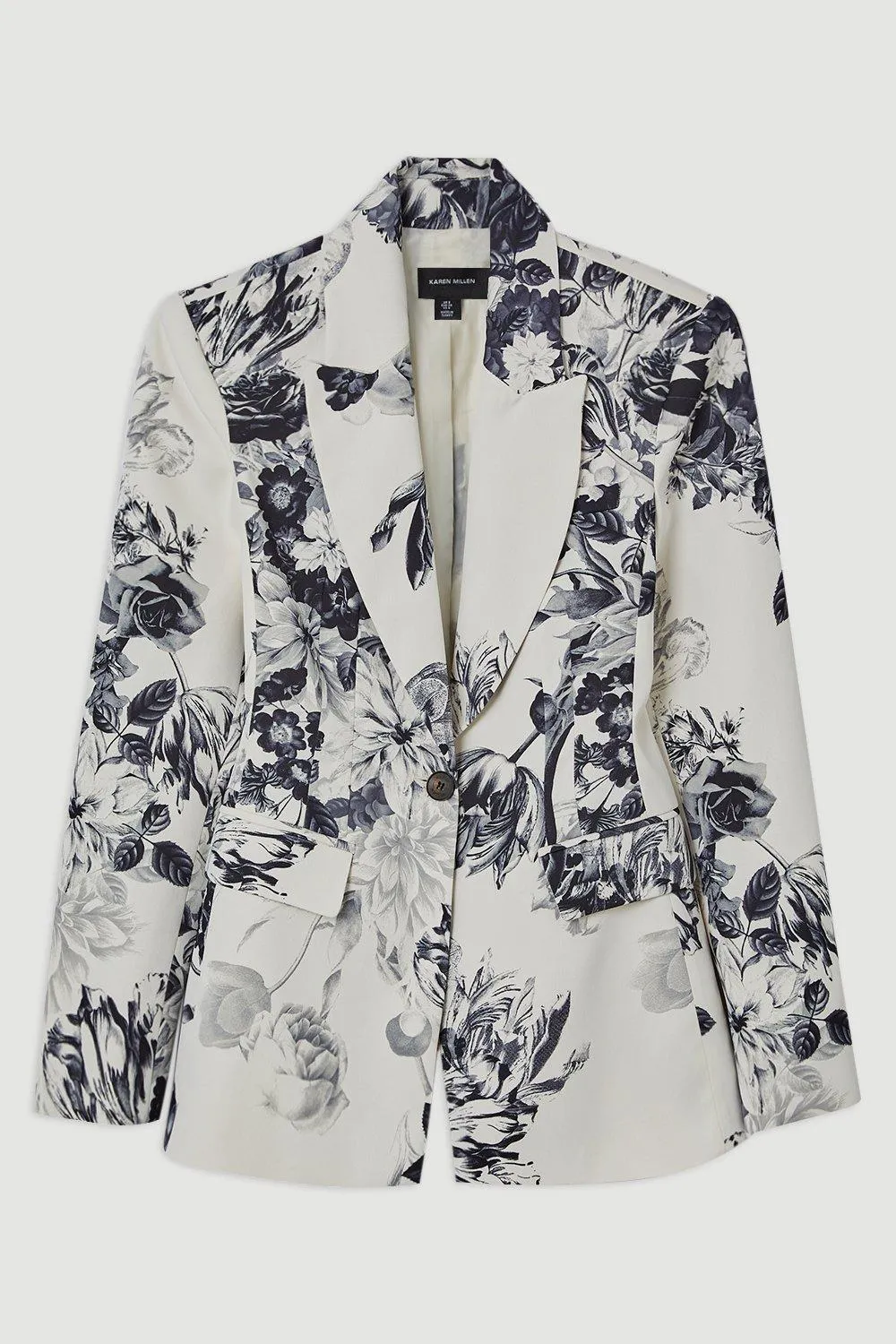 Tailored Crepe Printed Mono Floral Single Breasted Blazer BKK18773