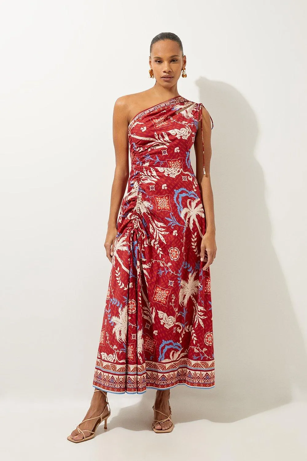 Printed Cotton Voile One Shoulder Midi Beach Dress BKK18709