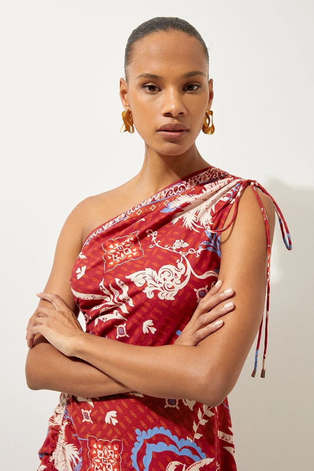 Printed Cotton Voile One Shoulder Midi Beach Dress BKK18709