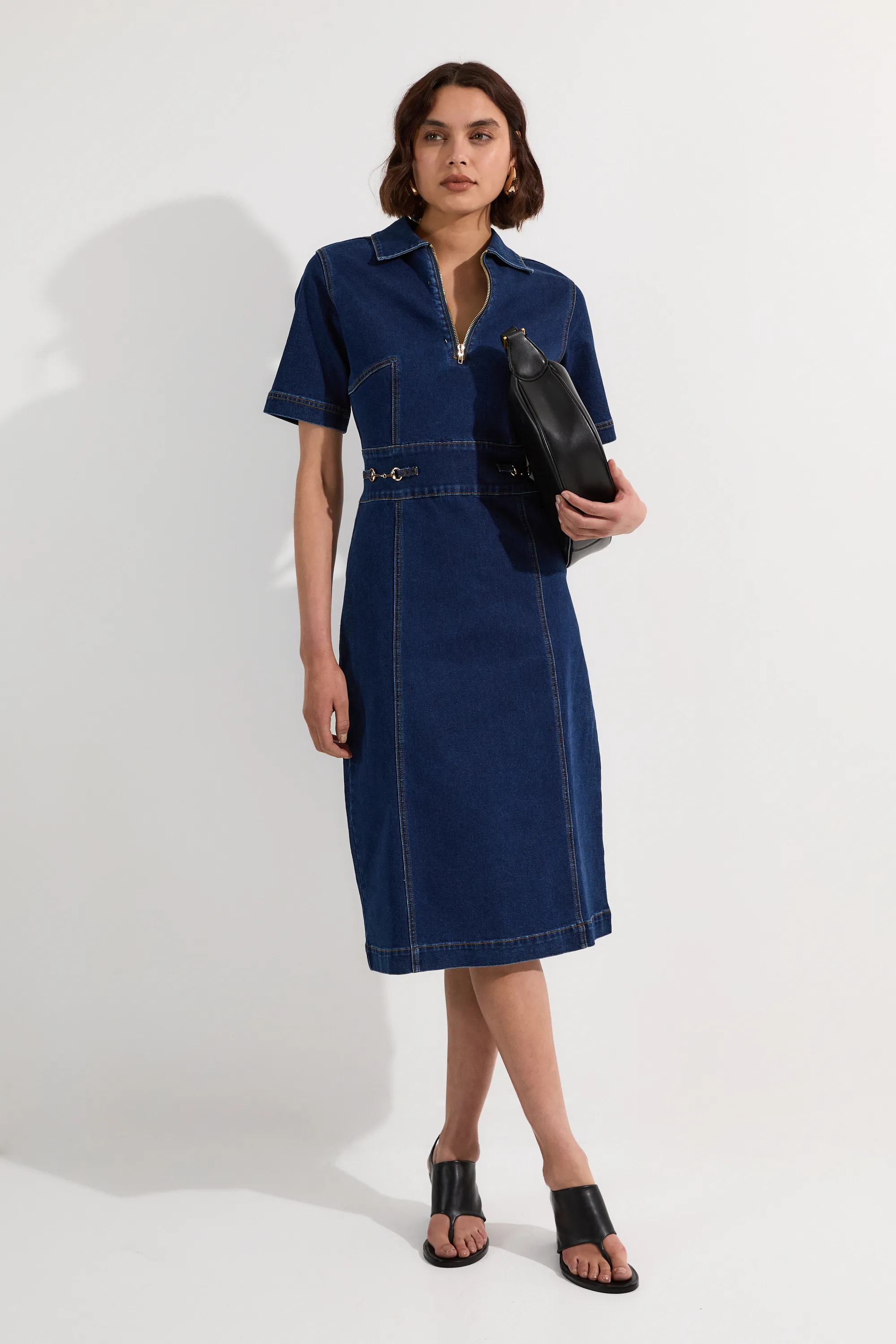 Stretch Denim Snaffle Trim Collared Midi Dress BKK23435