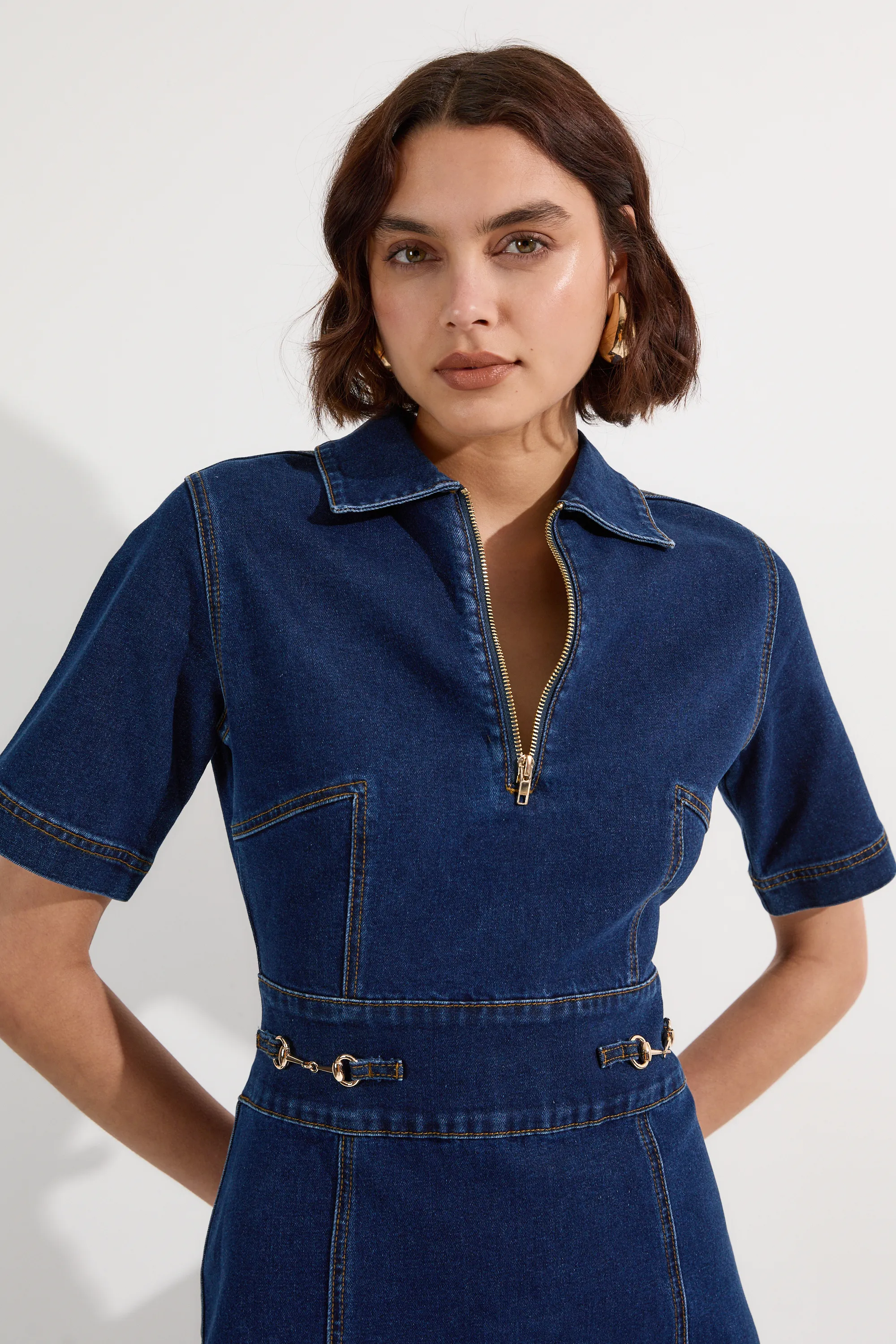 Stretch Denim Snaffle Trim Collared Midi Dress BKK23435