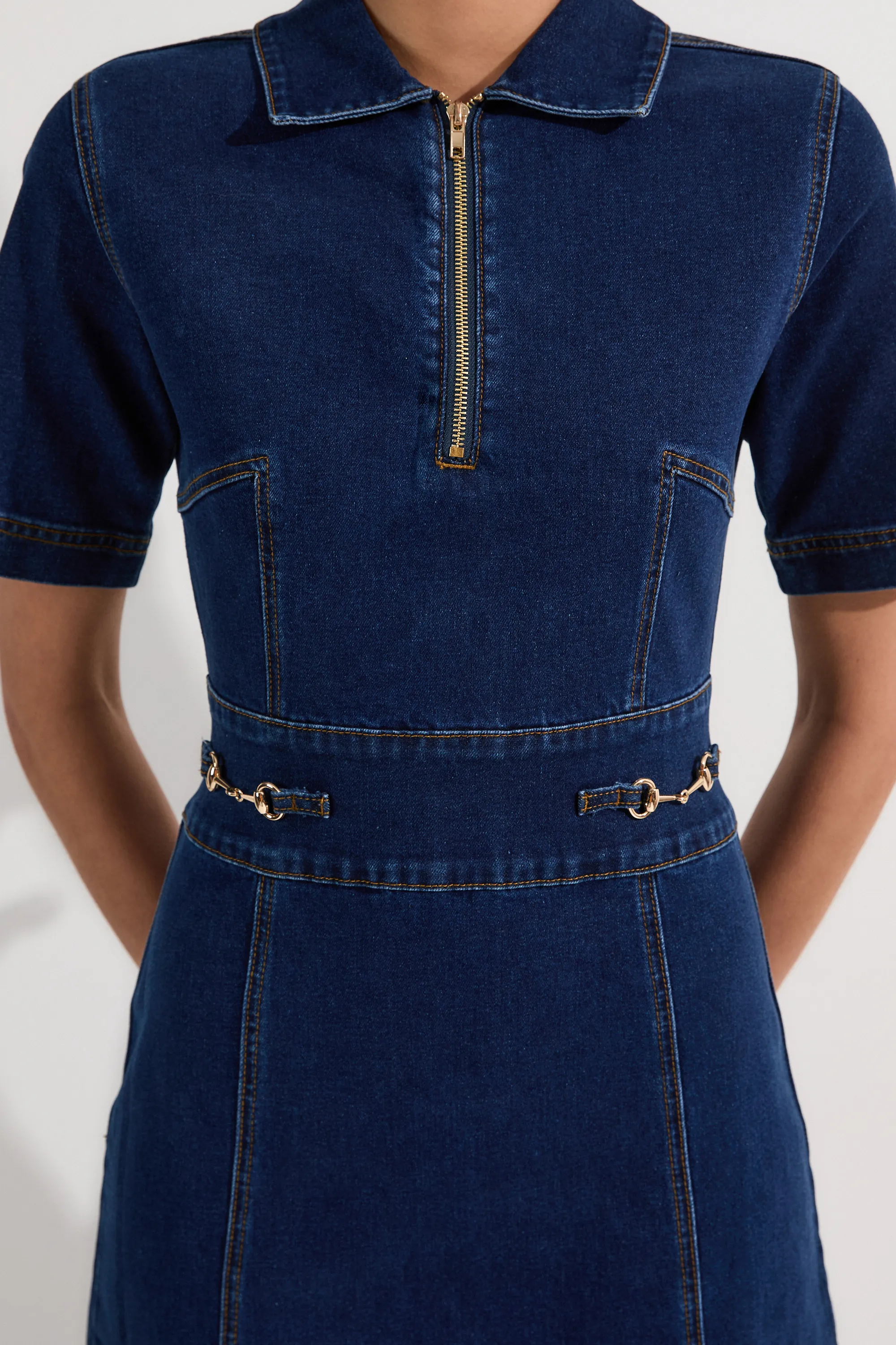 Stretch Denim Snaffle Trim Collared Midi Dress BKK23435 3 Stretch Denim Snaffle Trim Collared Midi Dress BKK23435