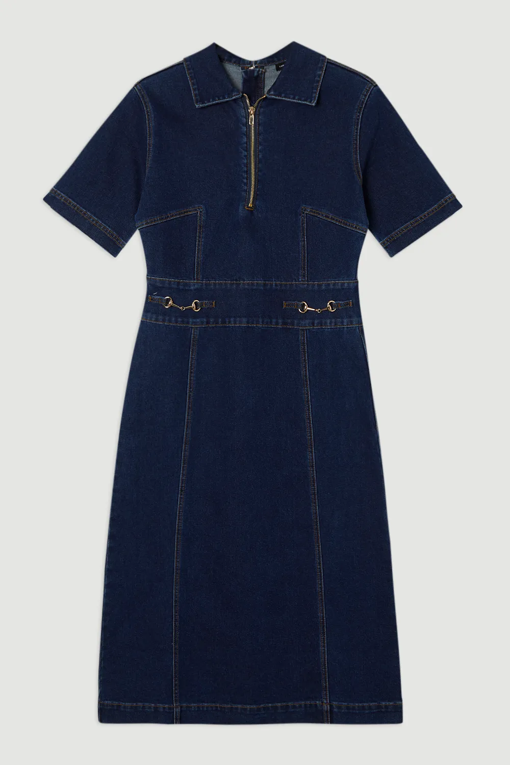 Stretch Denim Snaffle Trim Collared Midi Dress BKK23435 4 Stretch Denim Snaffle Trim Collared Midi Dress BKK23435