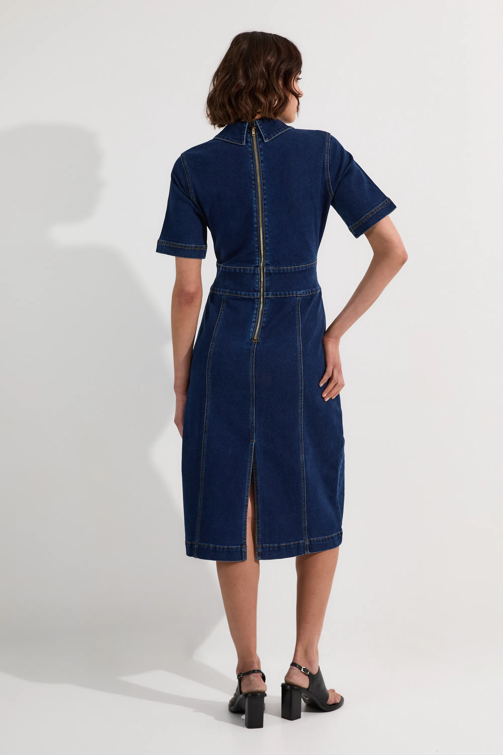 Stretch Denim Snaffle Trim Collared Midi Dress BKK23435 5 Stretch Denim Snaffle Trim Collared Midi Dress BKK23435