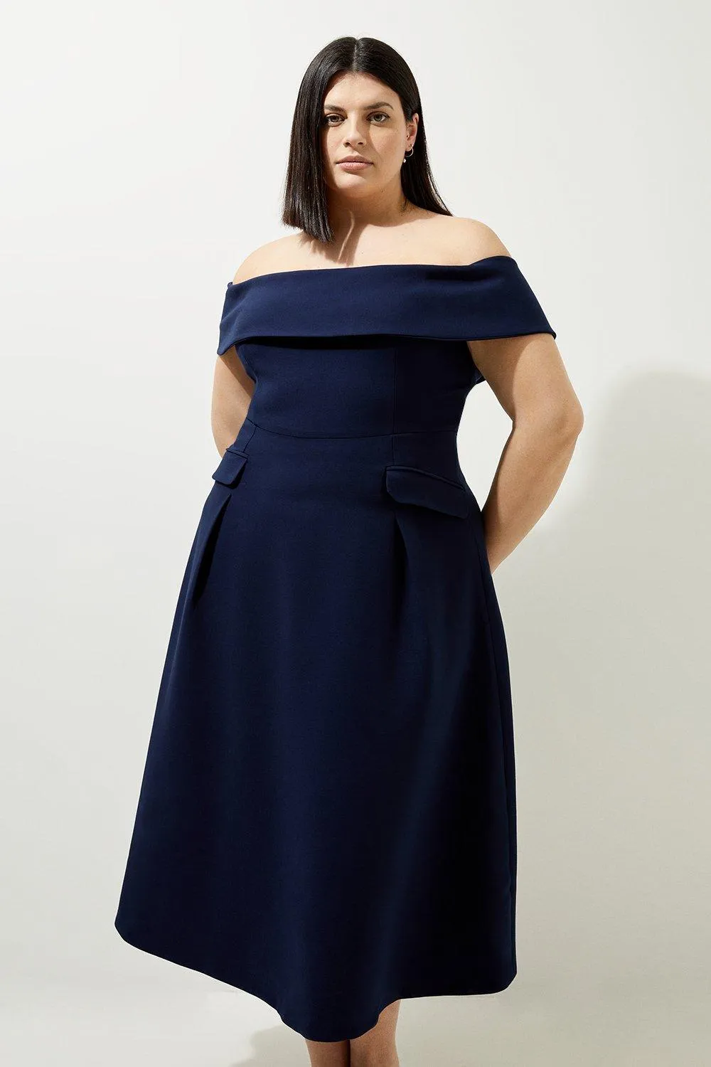 Lydia Millen Plus Size Compact Stretch Off The Shoulder Full Skirt Tailored Midi Dress BKK18833