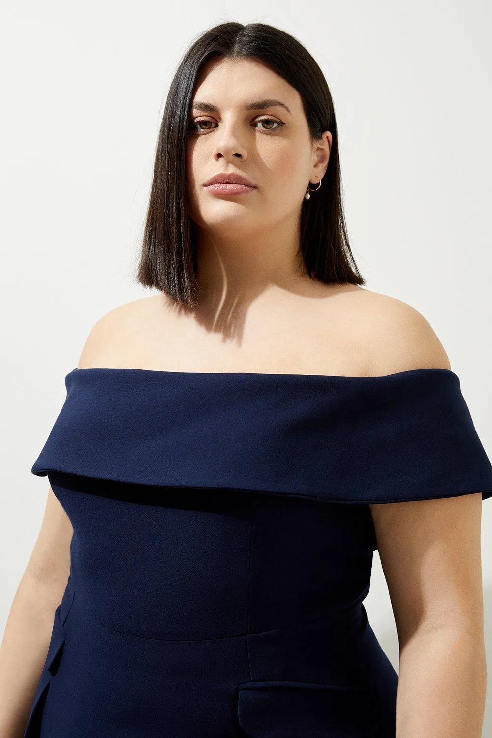 Lydia Millen Plus Size Compact Stretch Off The Shoulder Full Skirt Tailored Midi Dress BKK18833