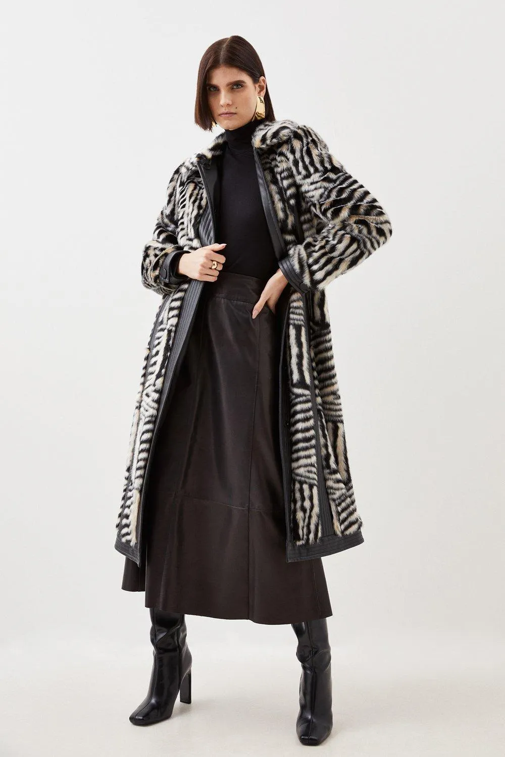 Tall Faux Fur Pu Panelled Stripe Belted Coat BKK18852