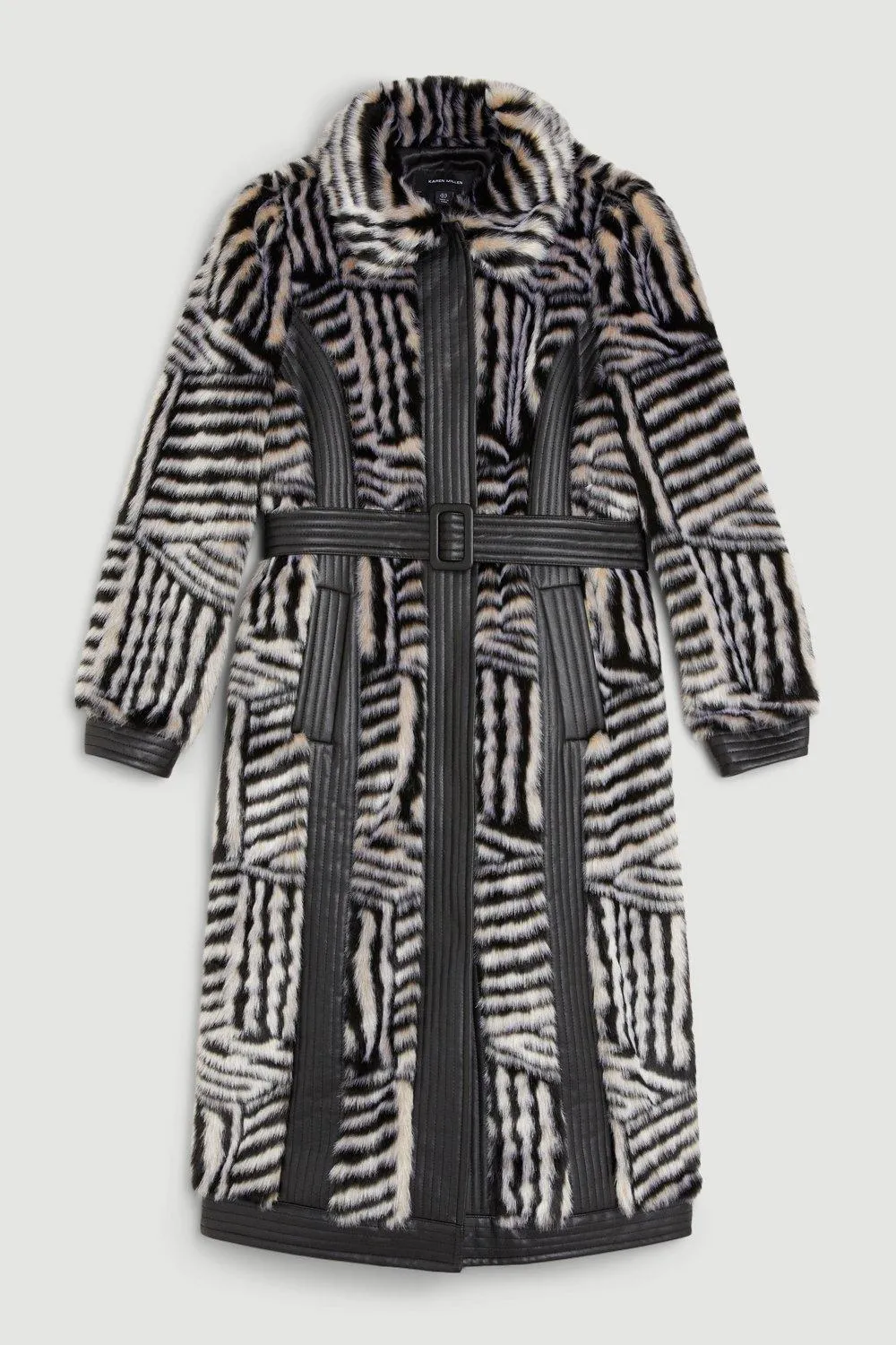 Tall Faux Fur Pu Panelled Stripe Belted Coat BKK18852 4 Tall Faux Fur Pu Panelled Stripe Belted Coat BKK18852