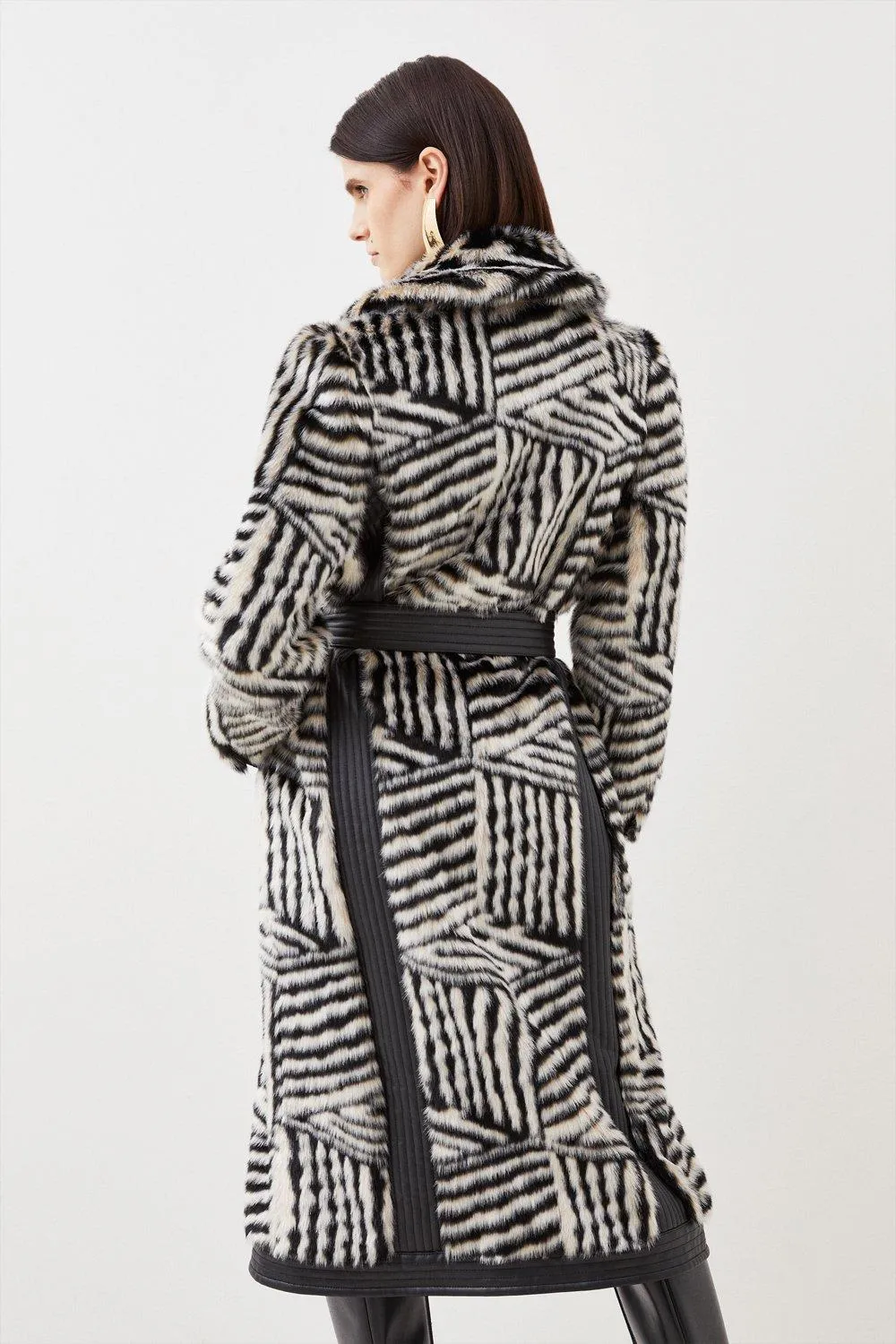 Tall Faux Fur Pu Panelled Stripe Belted Coat BKK18852 5 Tall Faux Fur Pu Panelled Stripe Belted Coat BKK18852
