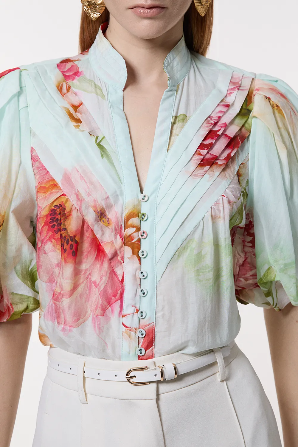 Silk Cotton Short Sleeve Pintuck Woven Blouse BKK23499