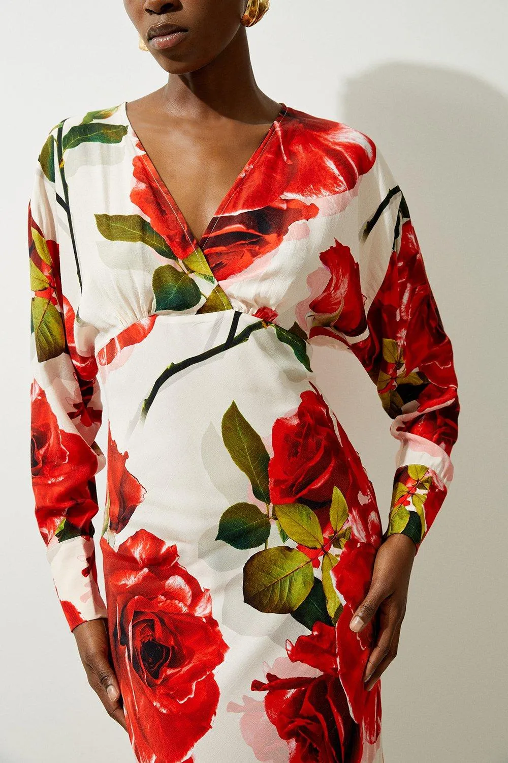 Rose Printed Morocain Woven V Neck Midaxi Dress BKK18914