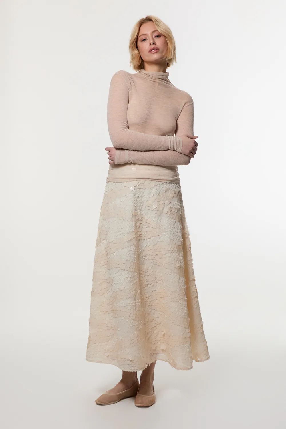 Textured Sequin Woven Midi Skirt BKK23541