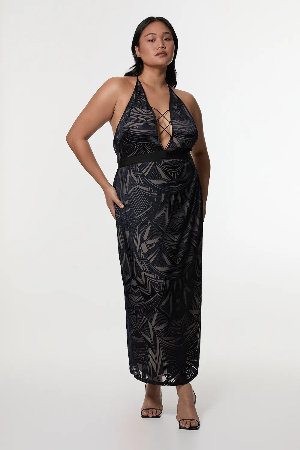 Amelia Graham Plus Size Burnout Lace Up Detail Woven Column Dress BKK23553