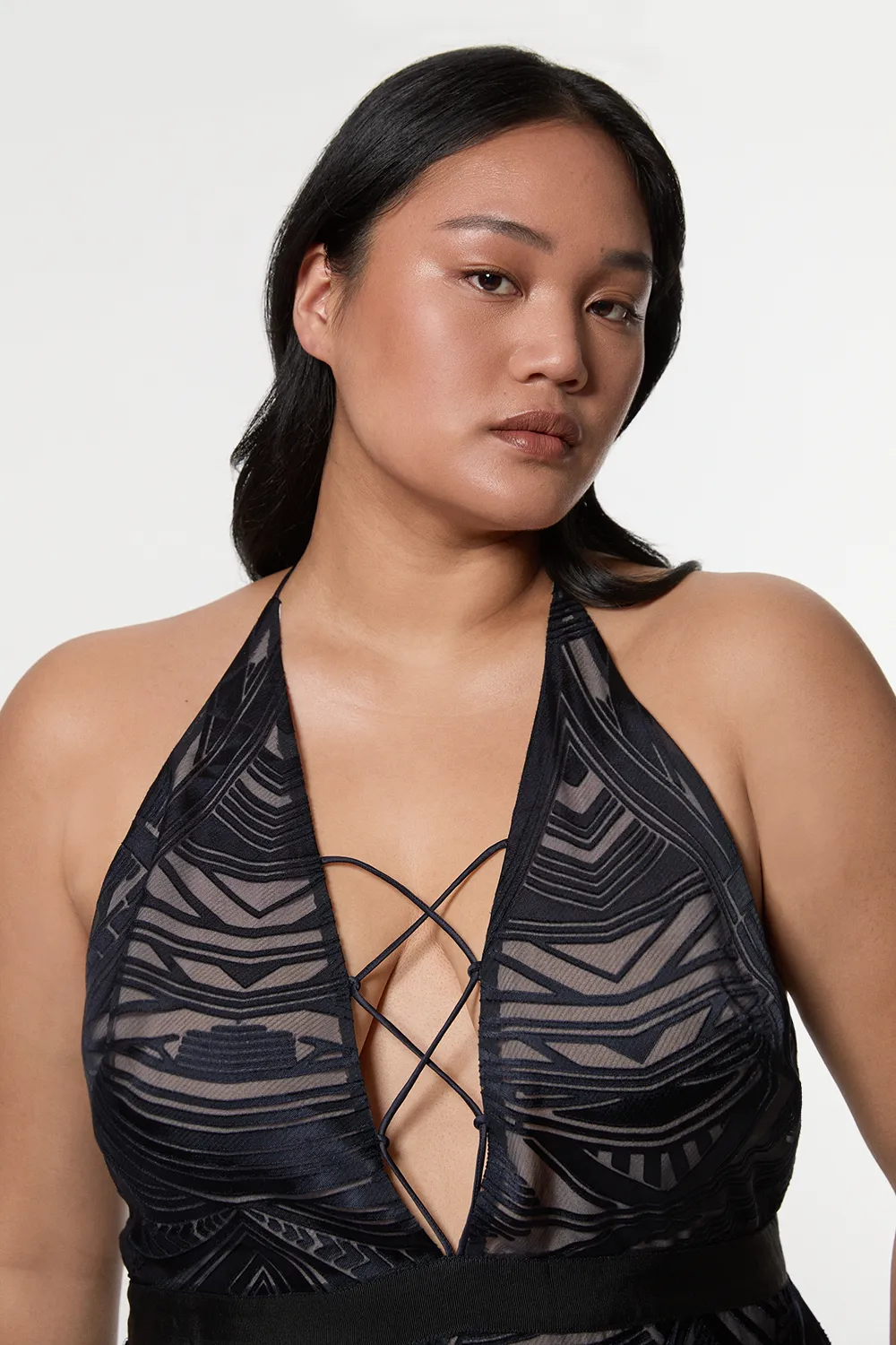 Amelia Graham Plus Size Burnout Lace Up Detail Woven Column Dress BKK23553