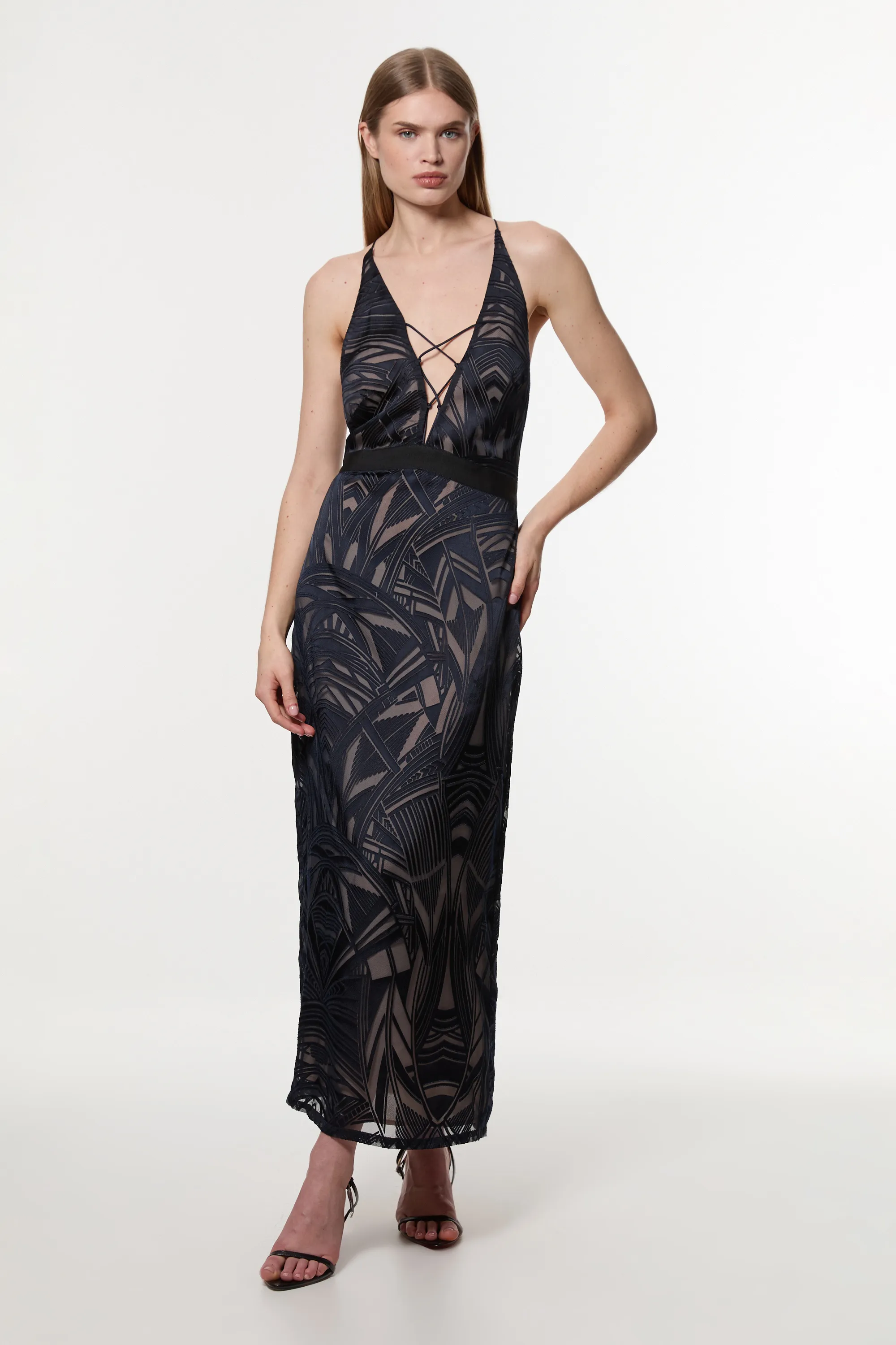 Amelia Graham Burnout Lace Up Detail Woven Column Dress BKK23554