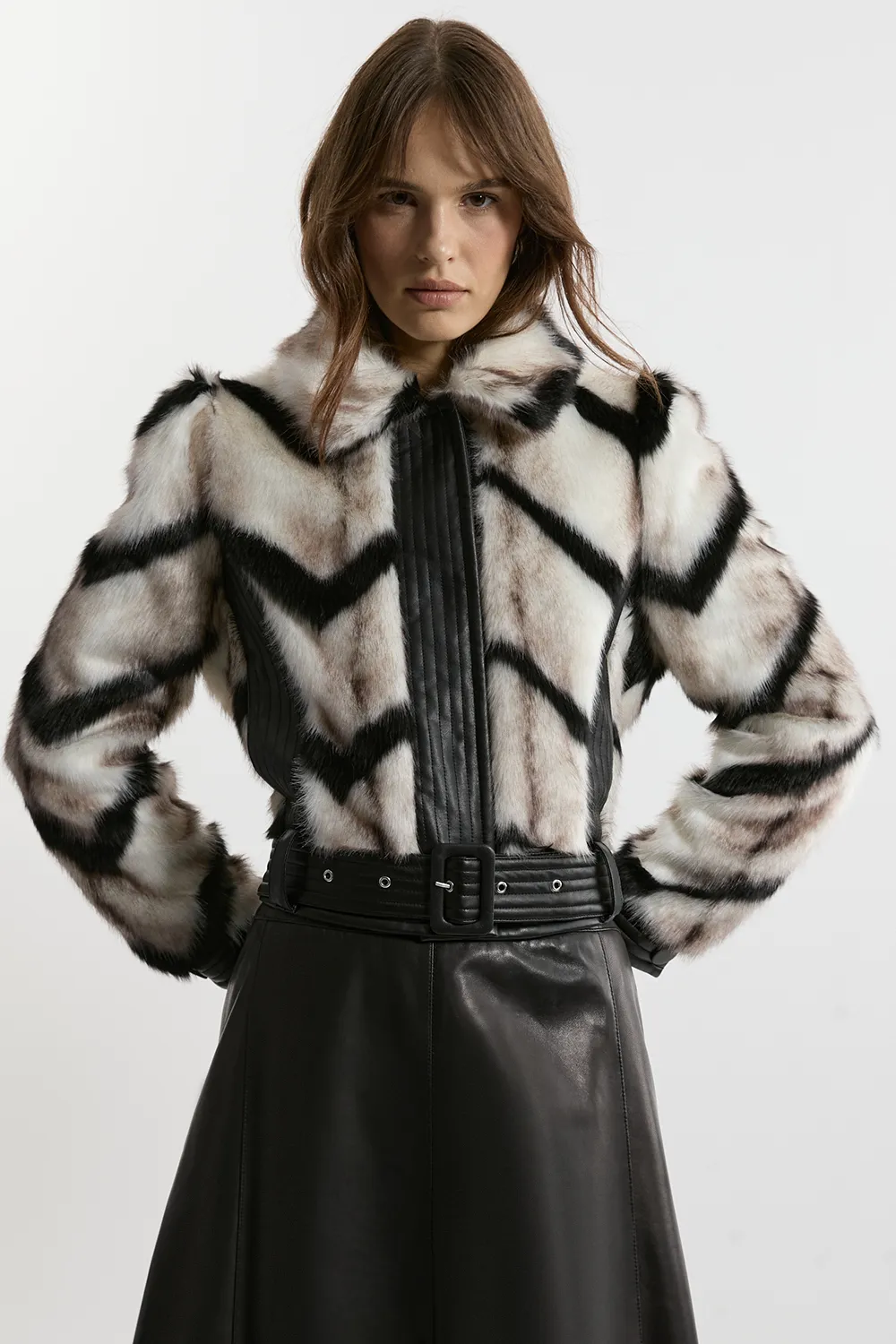 Faux Fur Pu Panelled Stripe Belted Cropped Jacket BKK19089 3 Faux Fur Pu Panelled Stripe Belted Cropped Jacket BKK19089