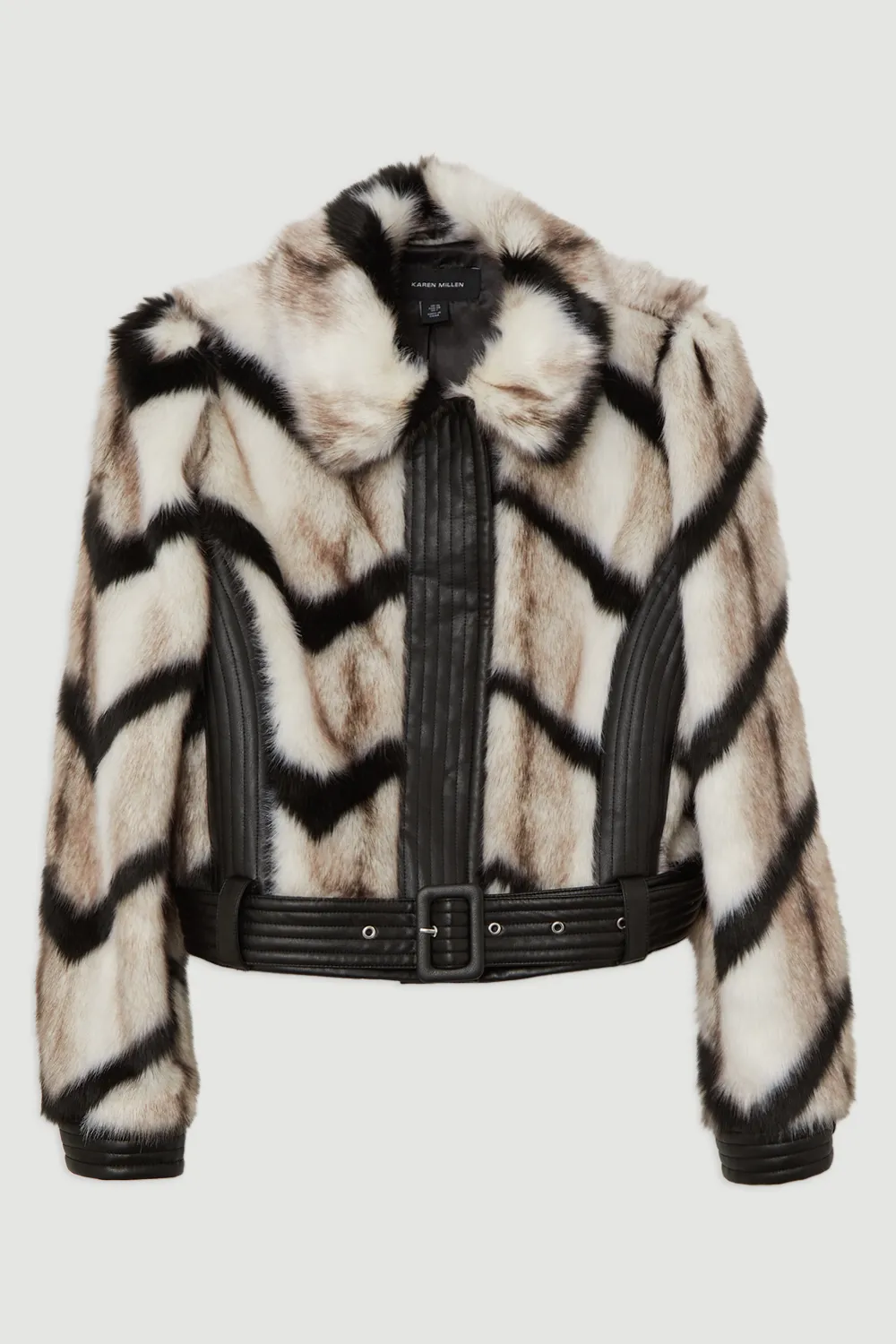 Faux Fur Pu Panelled Stripe Belted Cropped Jacket BKK19089 4 Faux Fur Pu Panelled Stripe Belted Cropped Jacket BKK19089